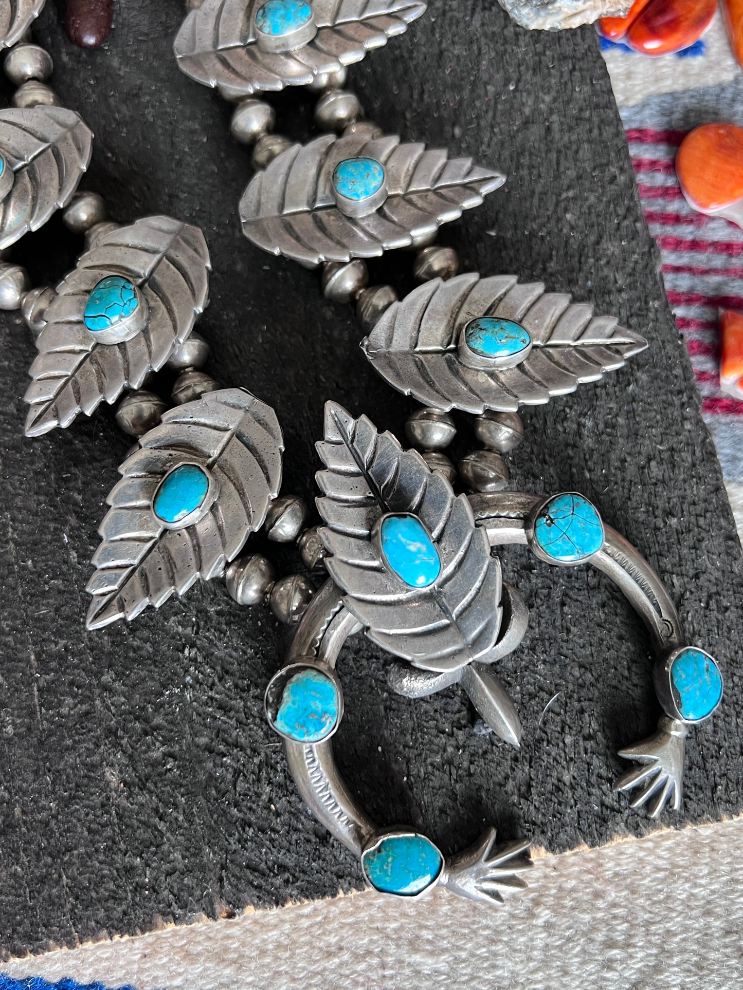 Vintage Unsigned Sterling Silver and Turquoise Squash Blossom with Leaf Motif