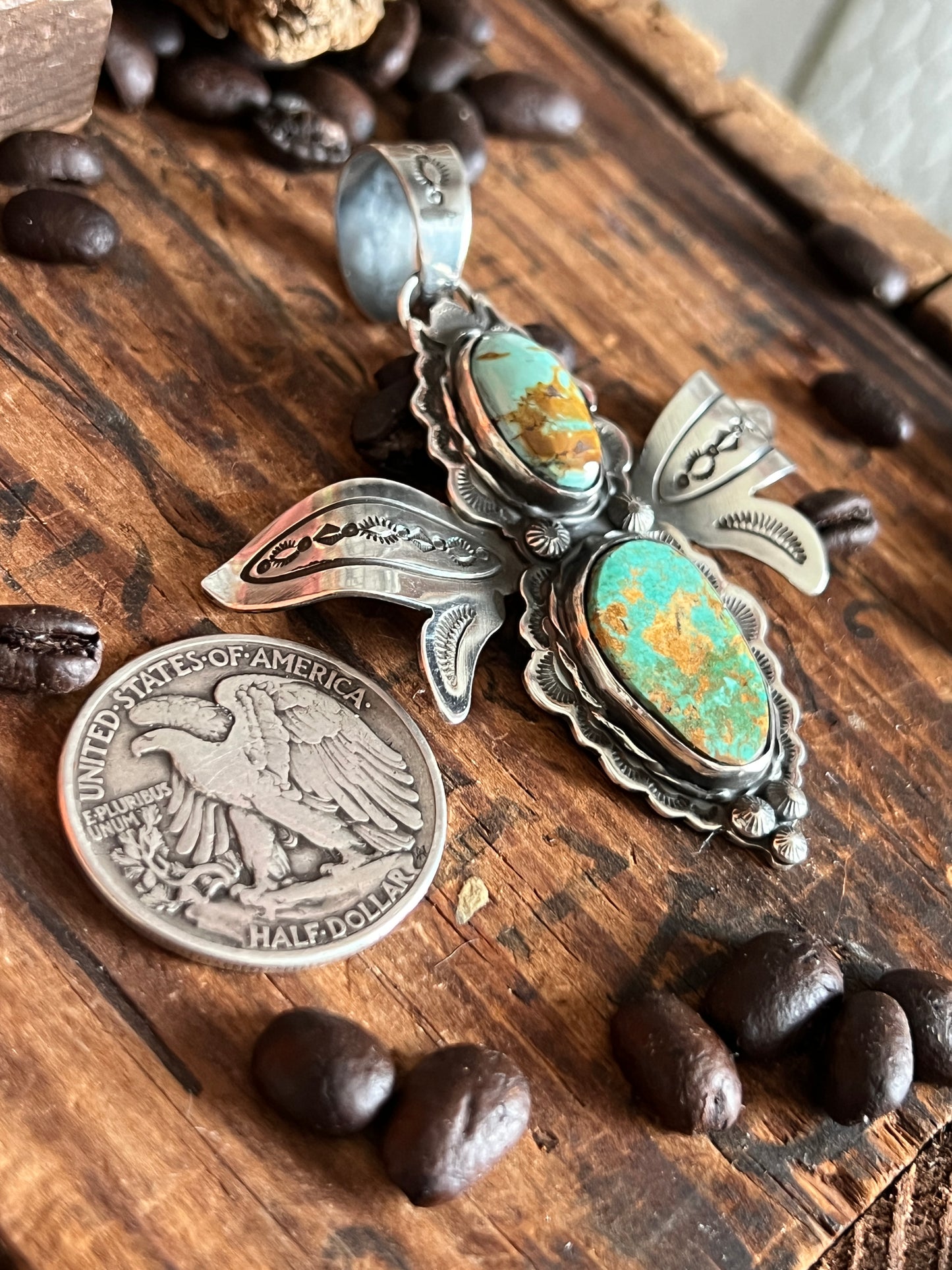 Hand Stamped Sterling Silver and Turquoise Winged Bug Pendant by Kimari Somers