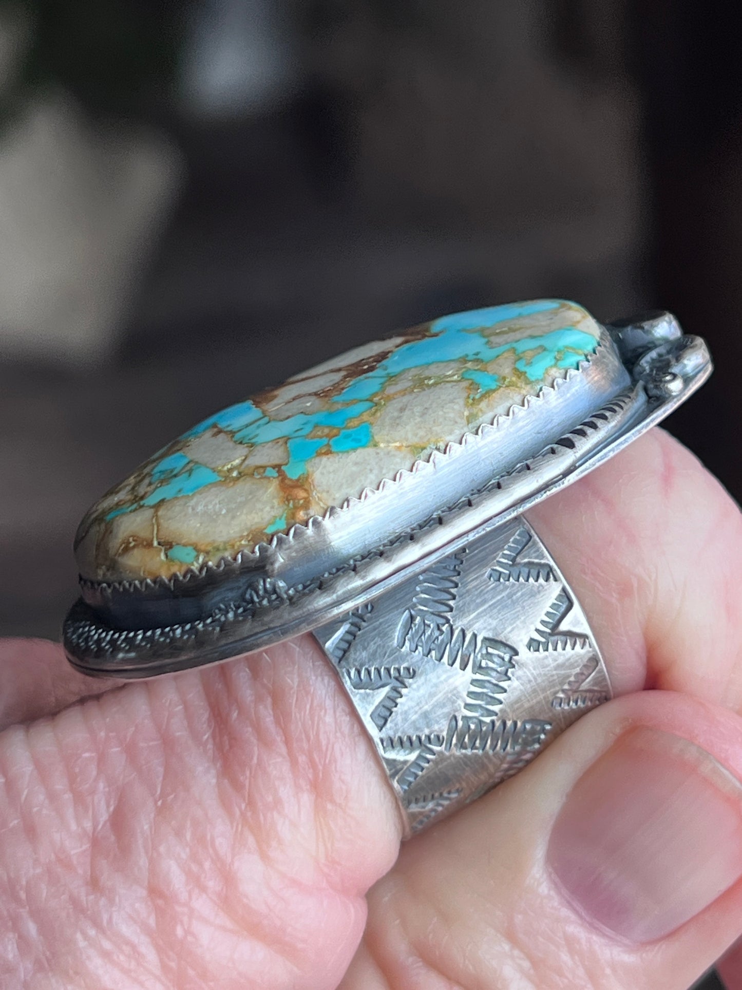 Natural Royston Turquoise and Sterling Silver Snake Motif Ring by Isaac Baca, Size 8 to 8.5