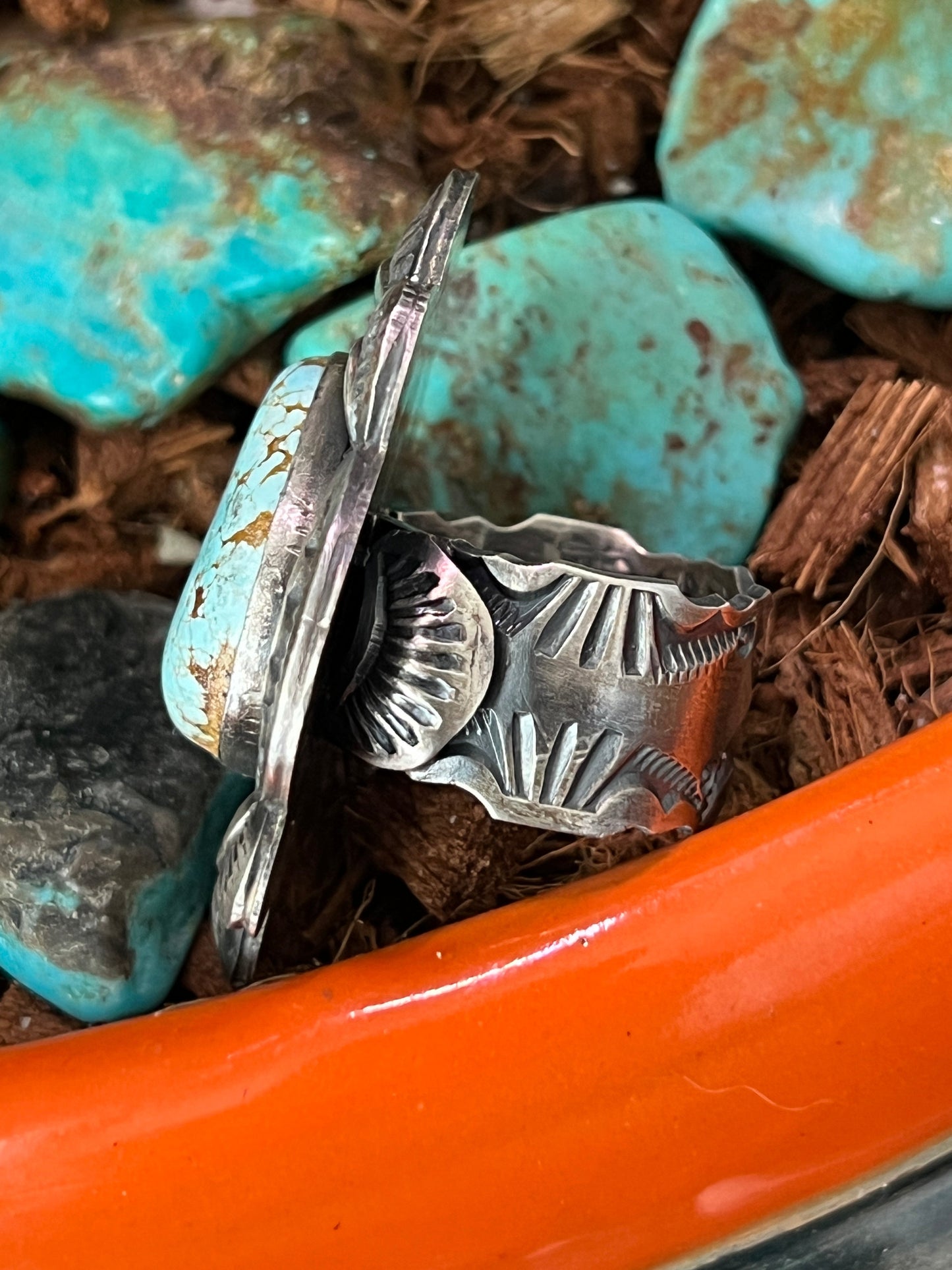 Sterling Silver and Number 8 Turquoise Ring by Navajo Artist, Gilbert Tom, Size 10.5