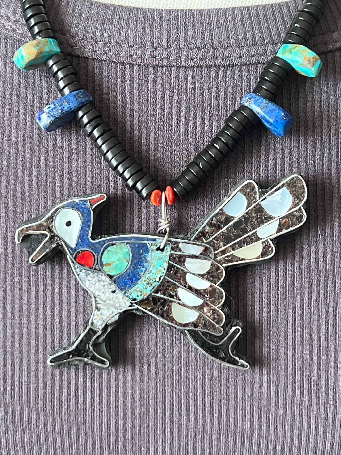 Warren Nieto Sterling Silver and Inlaid Stone Roadrunner Desert Dreamer Necklace