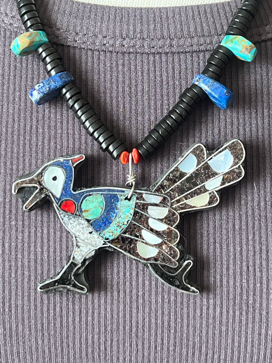 Warren Nieto Sterling Silver and Inlaid Stone Roadrunner Desert Dreamer Necklace