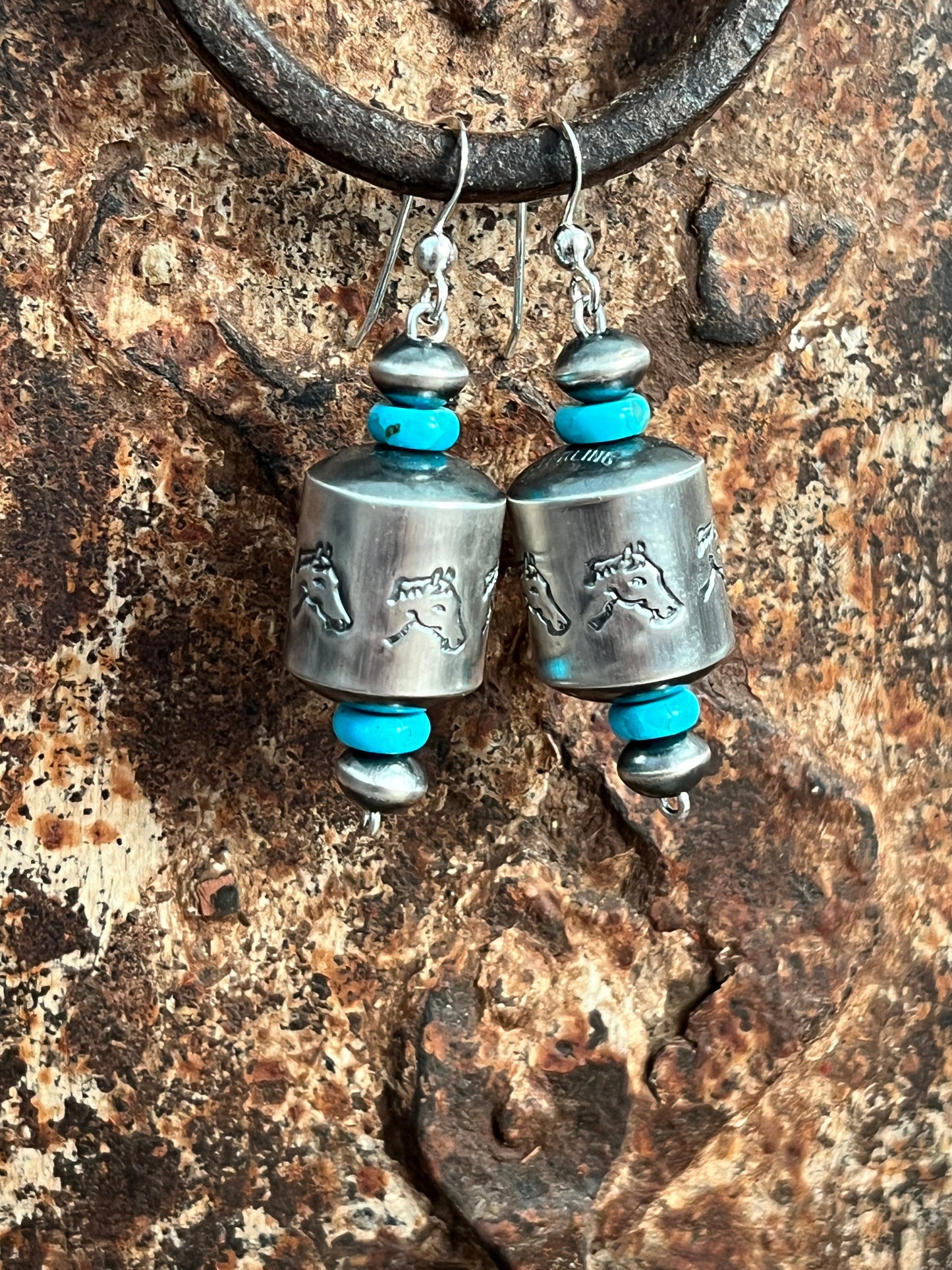 Navajo Sterling Silver and Turquoise Handmade Barrel Bead Earrings by Preston Haley