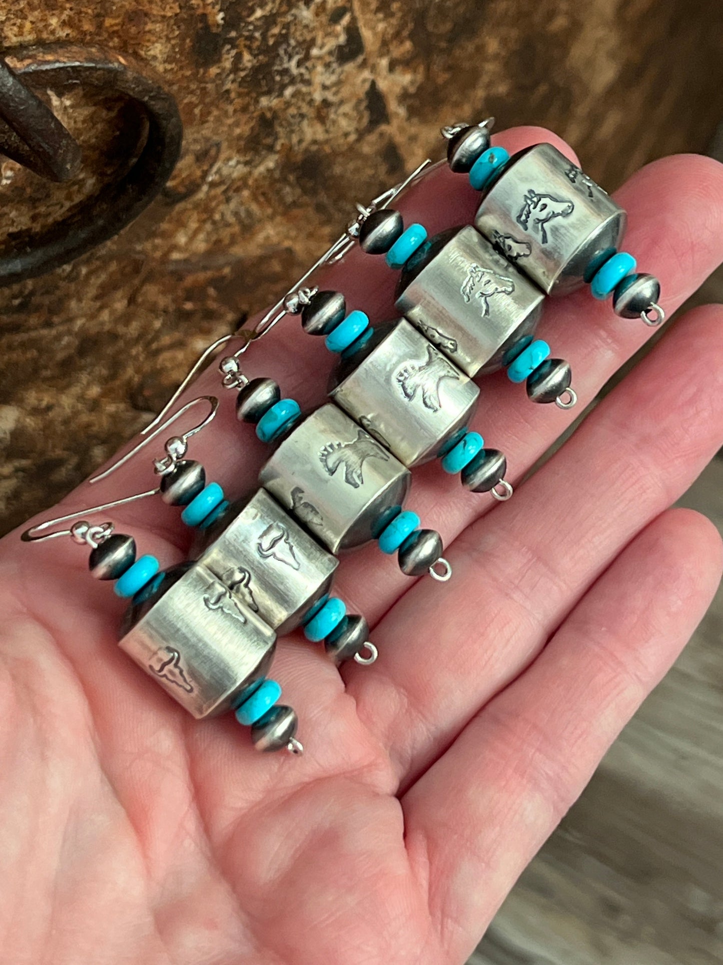 Navajo Sterling Silver and Turquoise Handmade Barrel Bead Earrings by Preston Haley