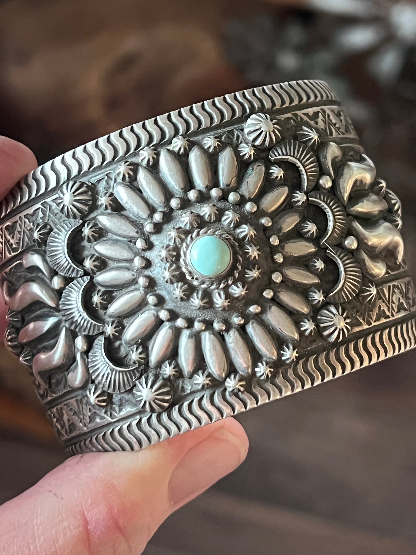 Darryl Becenti Sterling Silver Stamped & Appliqué Cuff Bracelet w/ Dry Creek Turquoise Accent