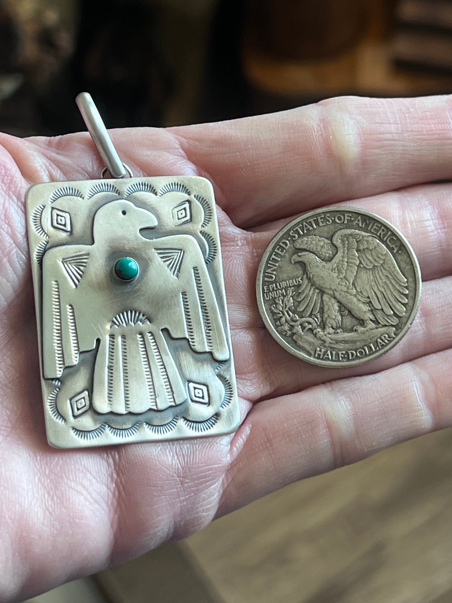 Hand Stamped Sterling Silver Fred Harvey Era Inspired Thunderbird Tag Pendant by Kimari Somers