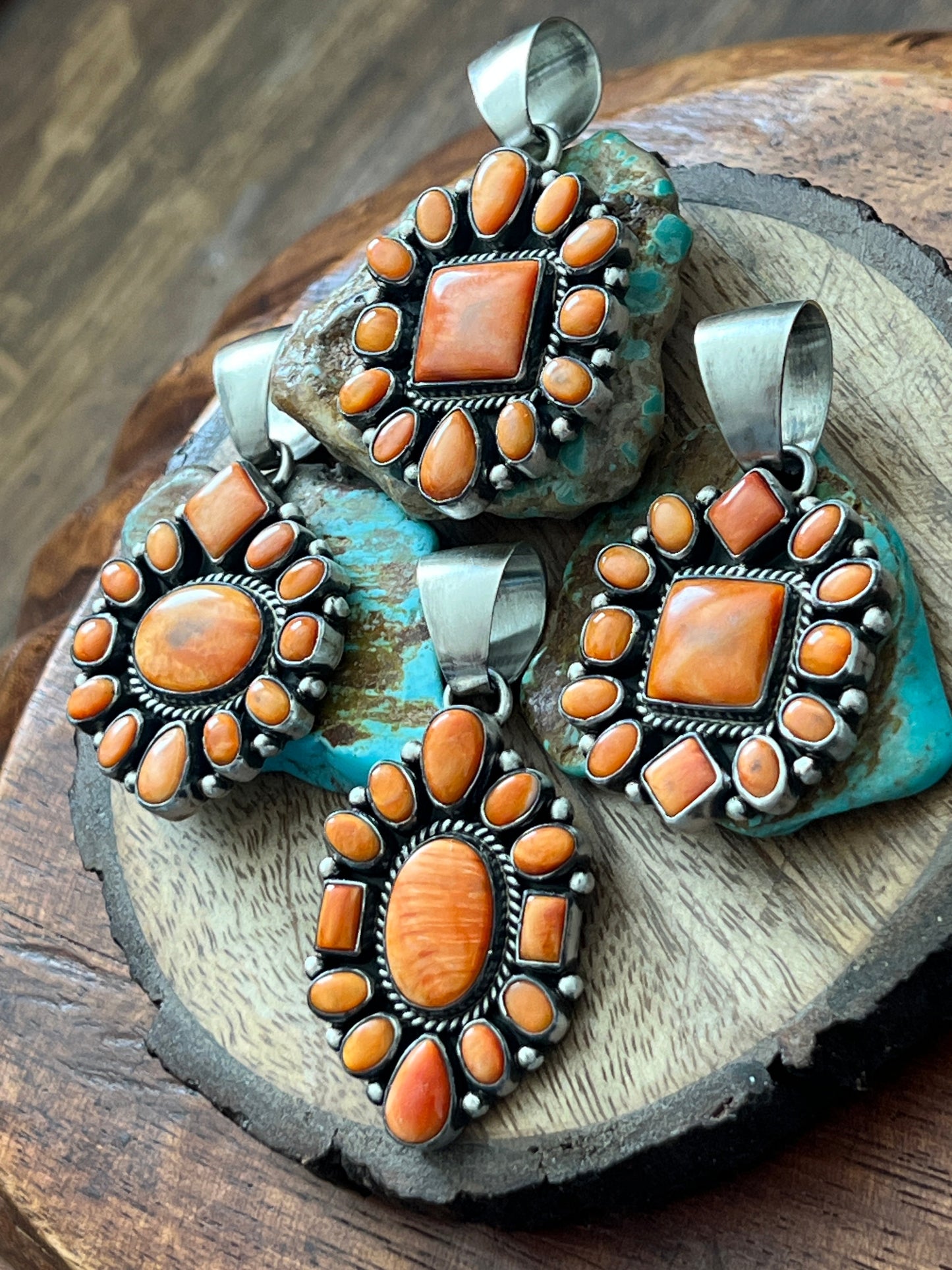 Navajo Sterling Silver and Burnt Spiny Oyster Shell Cluster Pendants by Loretta Delgarito