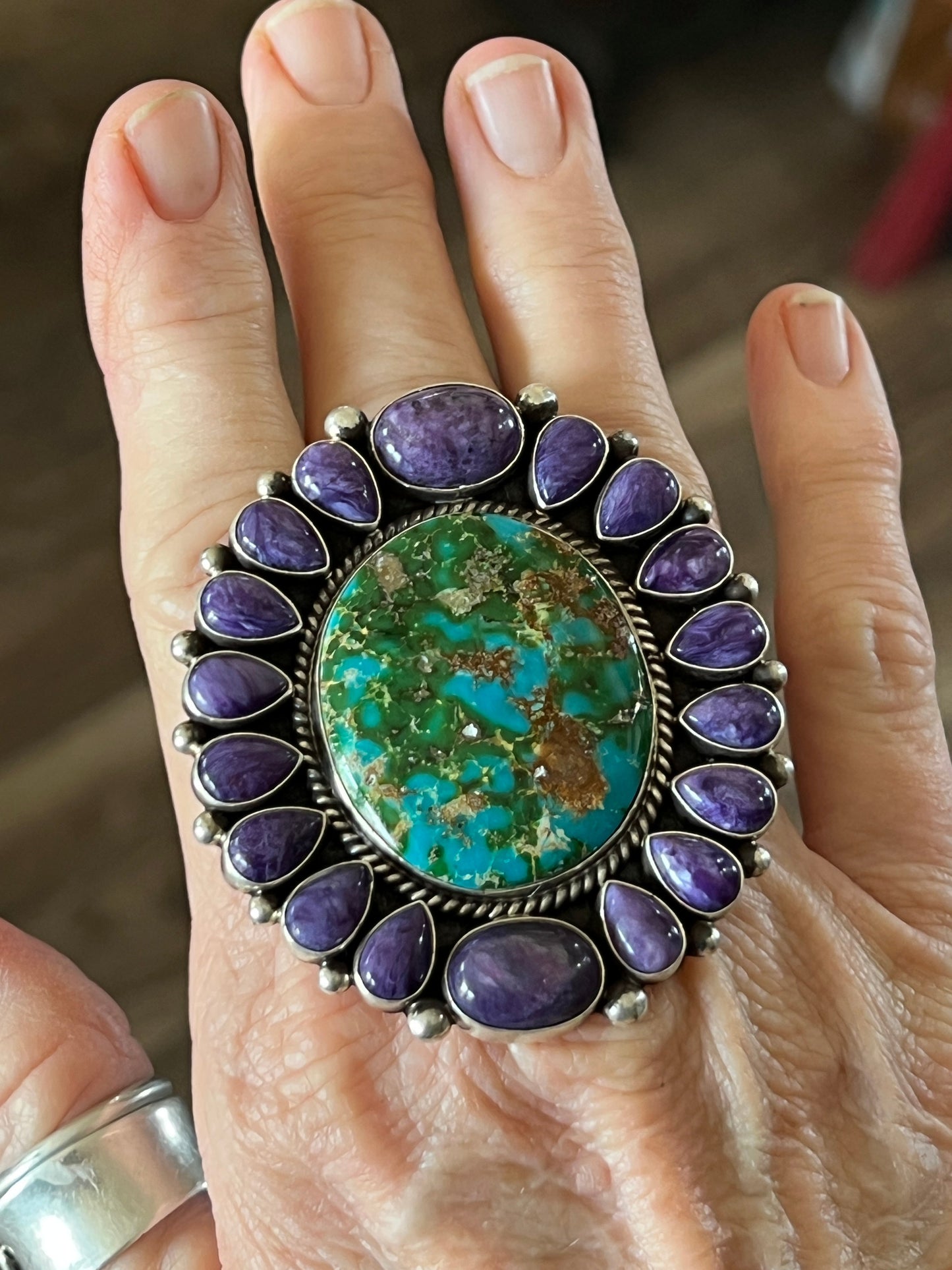 Navajo Sterling Silver, Sonoran Turquoise and Charoite Cluster Ring by Tyler Brown: Adjustable