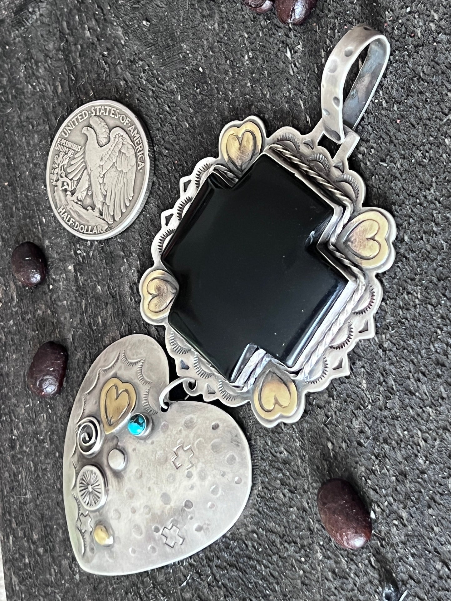 Hand Stamped Sterling Silver & Black Marble Santa Fe Cross and Heart Pendant by Kimari Somers