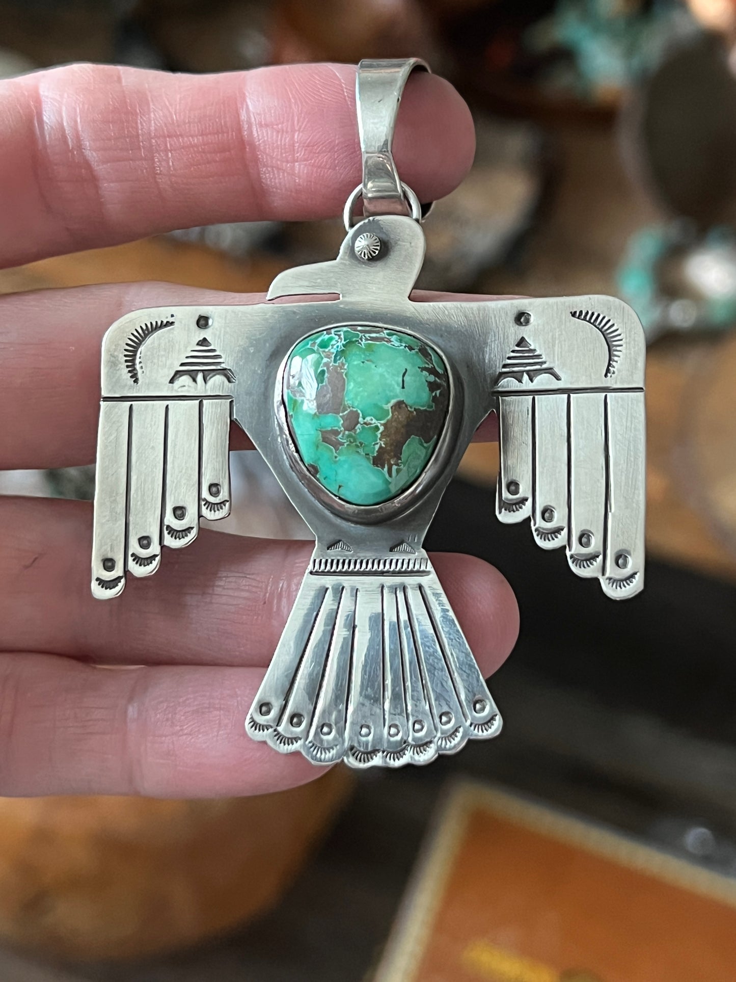Hand Stamped Sterling Silver and Turquoise Thunderbird Pendant by Kimari Somers