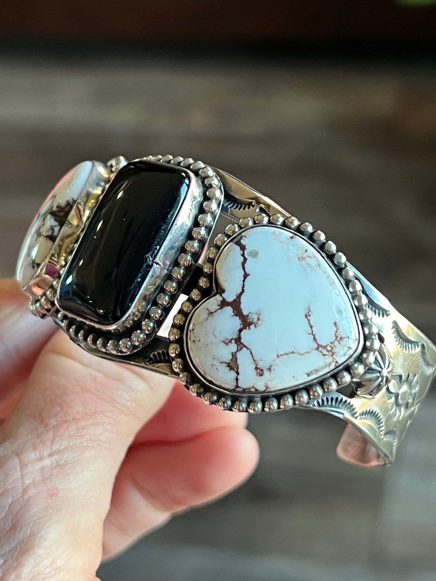 Rosella Paxson Sterling Silver Cuff with Wild Horse Magnesite Hearts and Rectangular Onyx