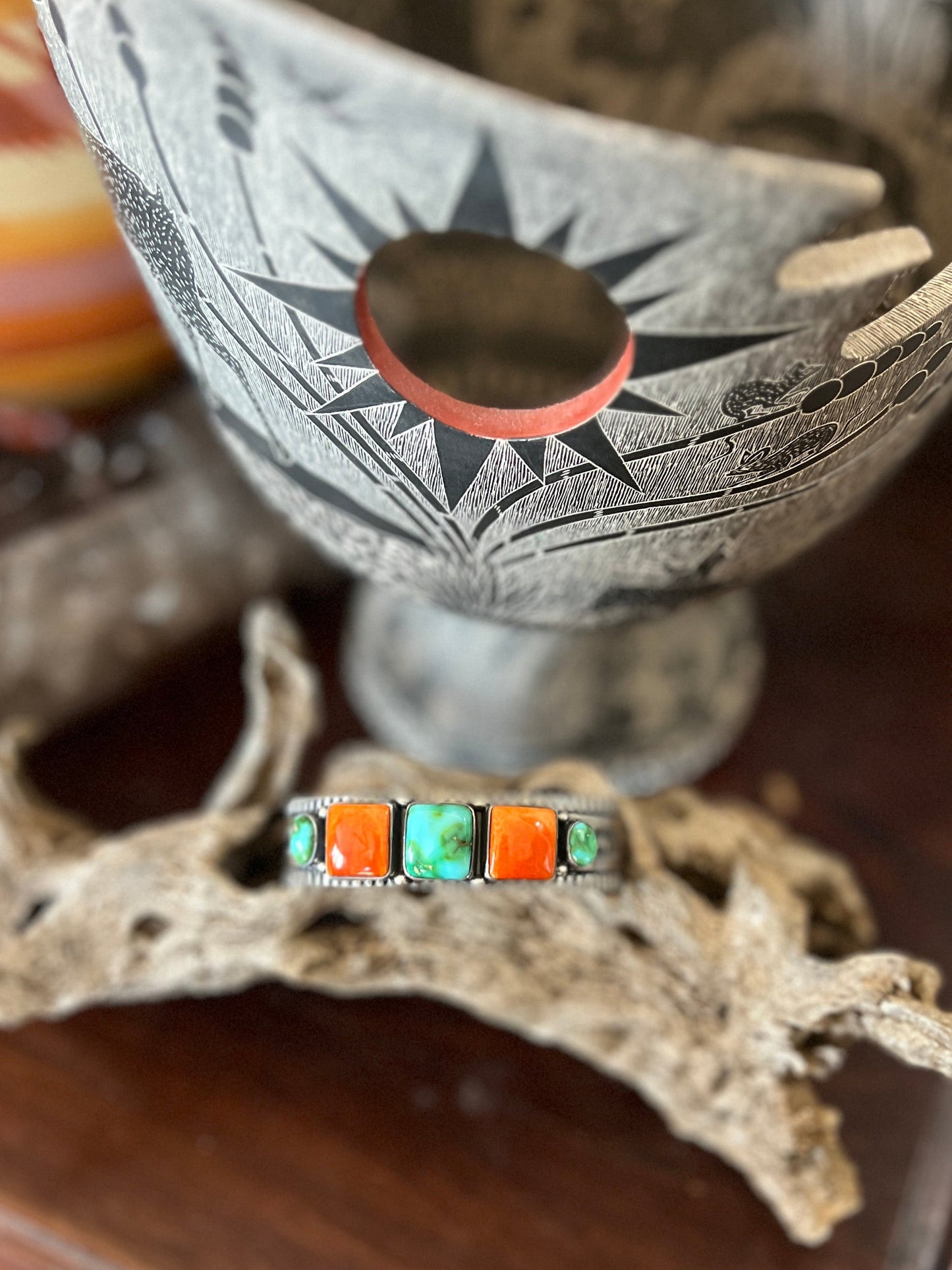 Handcrafted Sterling Silver Electric Rainbow Sonoran Turquoise and Spiny Oyster Stacker Cuff Bracelet by Murphy Platero
