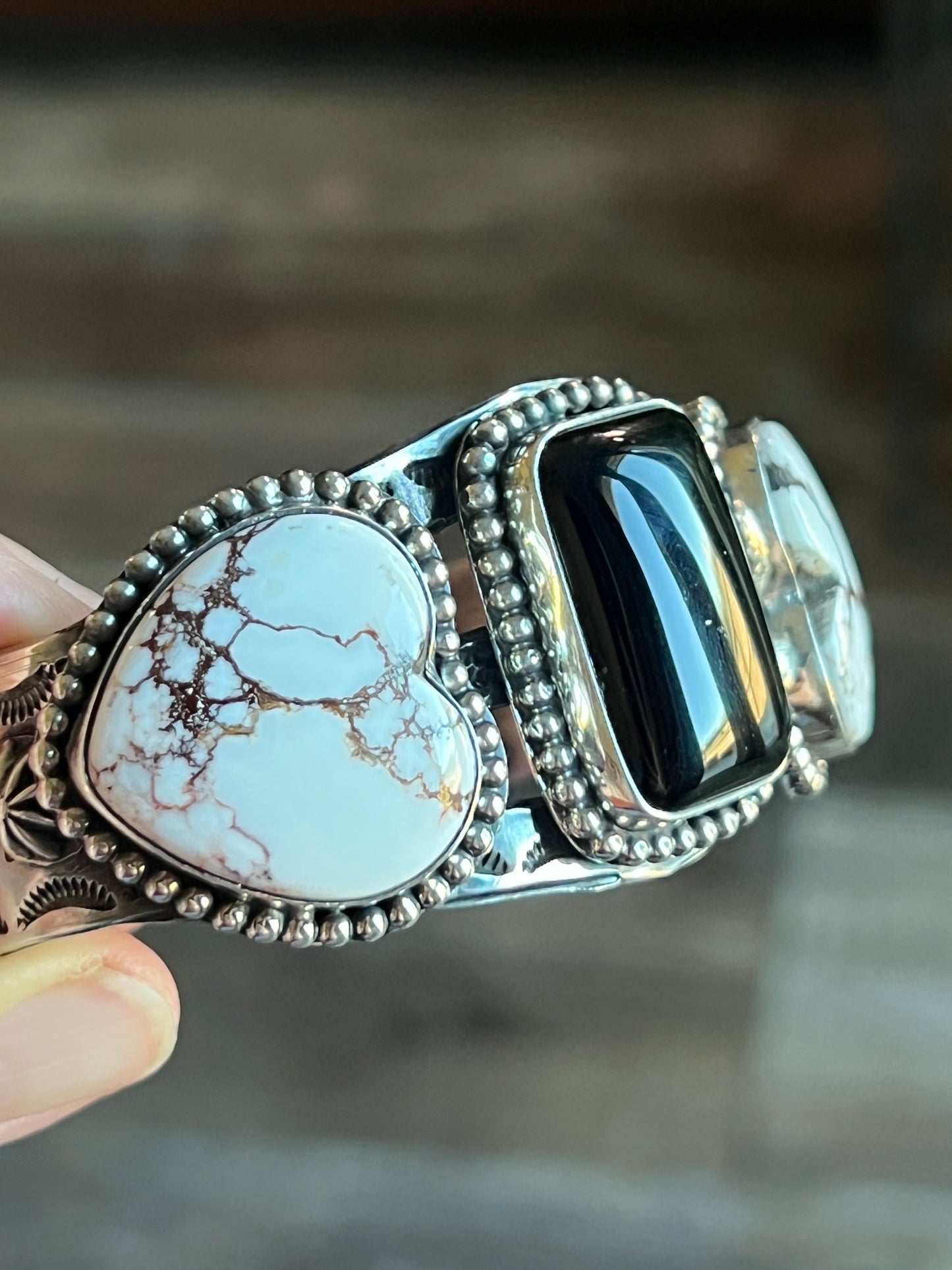 Rosella Paxson Sterling Silver Cuff with Wild Horse Magnesite Hearts and Rectangular Onyx