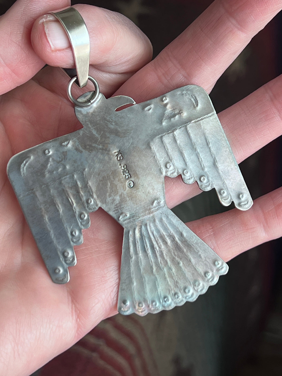 Kimari Somers Hand Stamped Sterling Silver & Kingman Turquoise Thunderbird Pendant 4