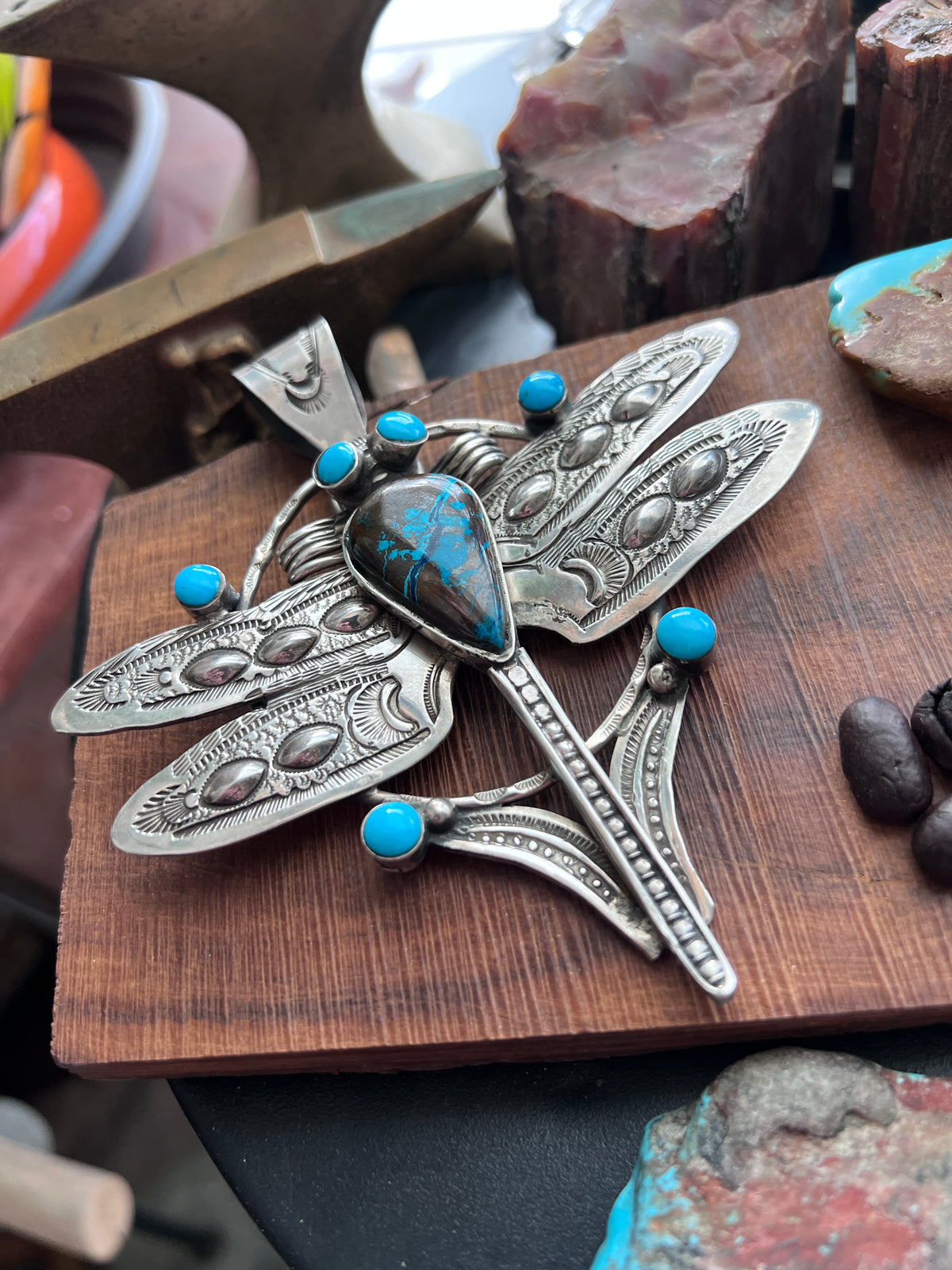 Handcrafted Sterling Silver, Azurite & Turquoise Dragonfly Pendant by Art Tafoya