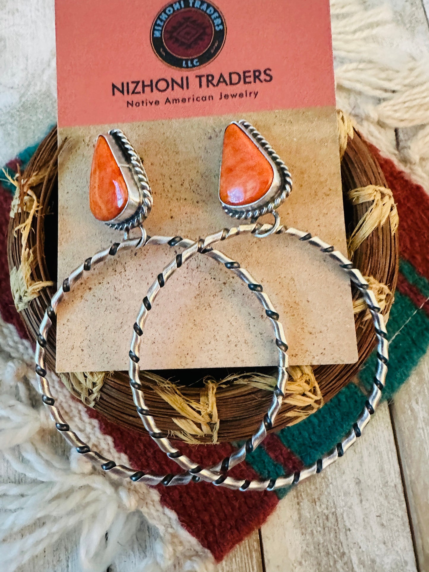 Navajo Orange Spiny and Sterling Silver Dangle Hoop Earrings