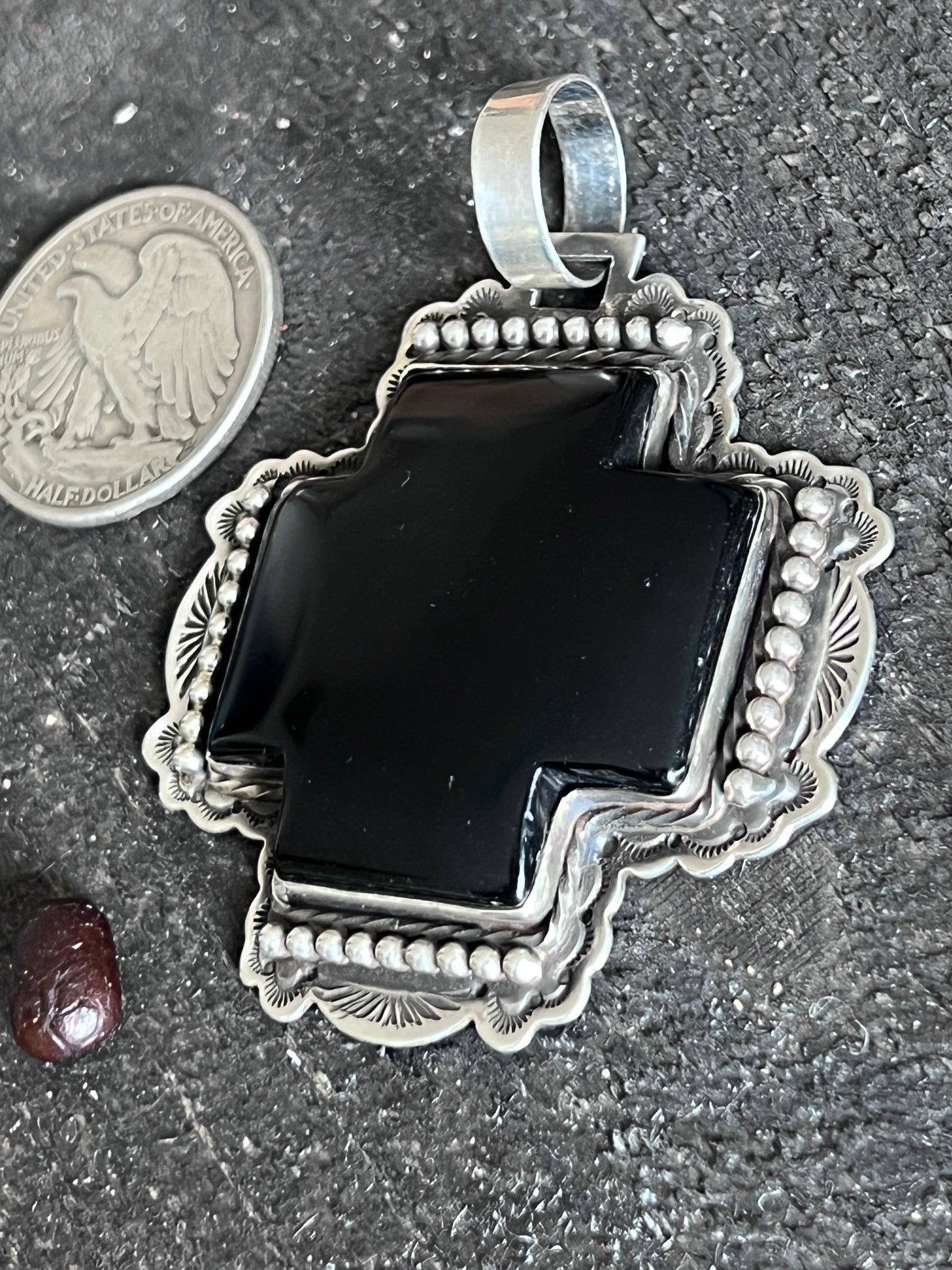 Hand Stamped Sterling Silver & Black Marble Santa Fe Cross Pendant by Kimari Somers
