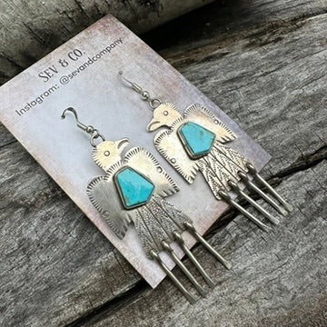 Native Made Blue Turquoise and Sterling Silver Fringe Thunderbird Earrings by Vernon Begay