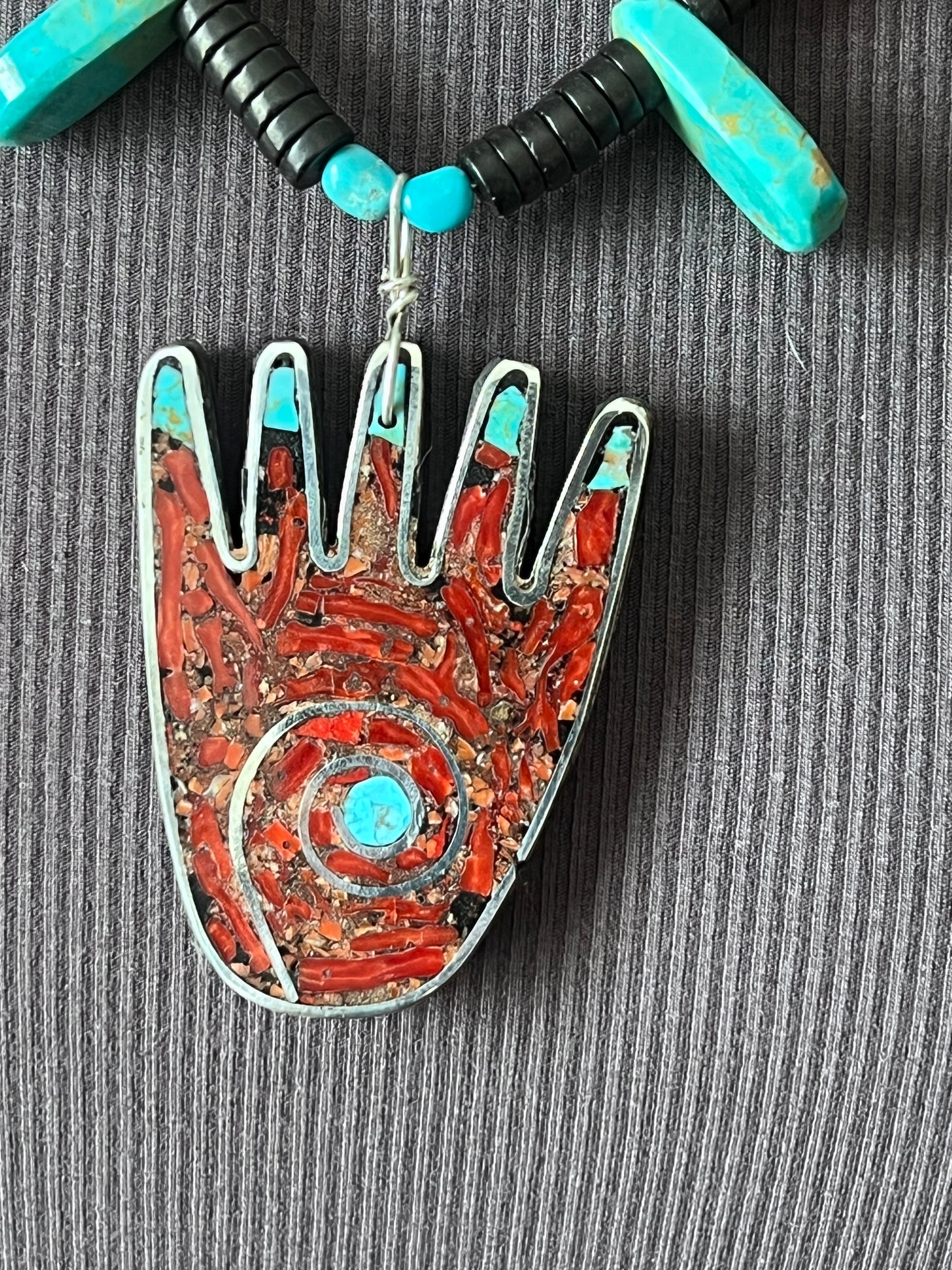 Warren Nieto Sterling Silver and Inlaid Stone Healing Hand Desert Dreamer Necklace