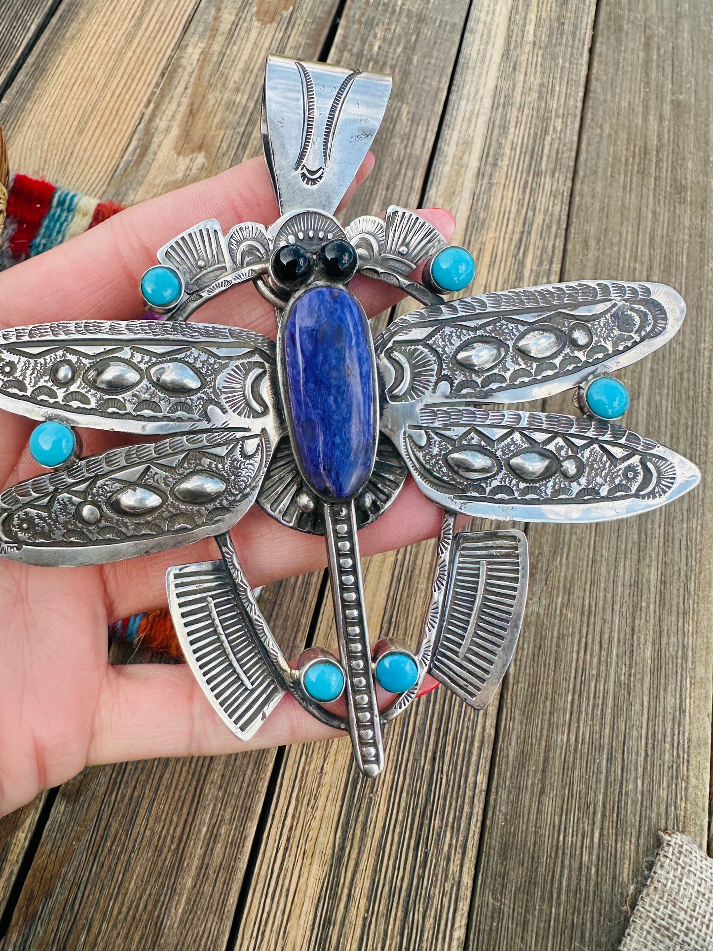 Handcrafted Sterling Silver, Charoite, Turquoise & Onyx Dragonfly Pendant