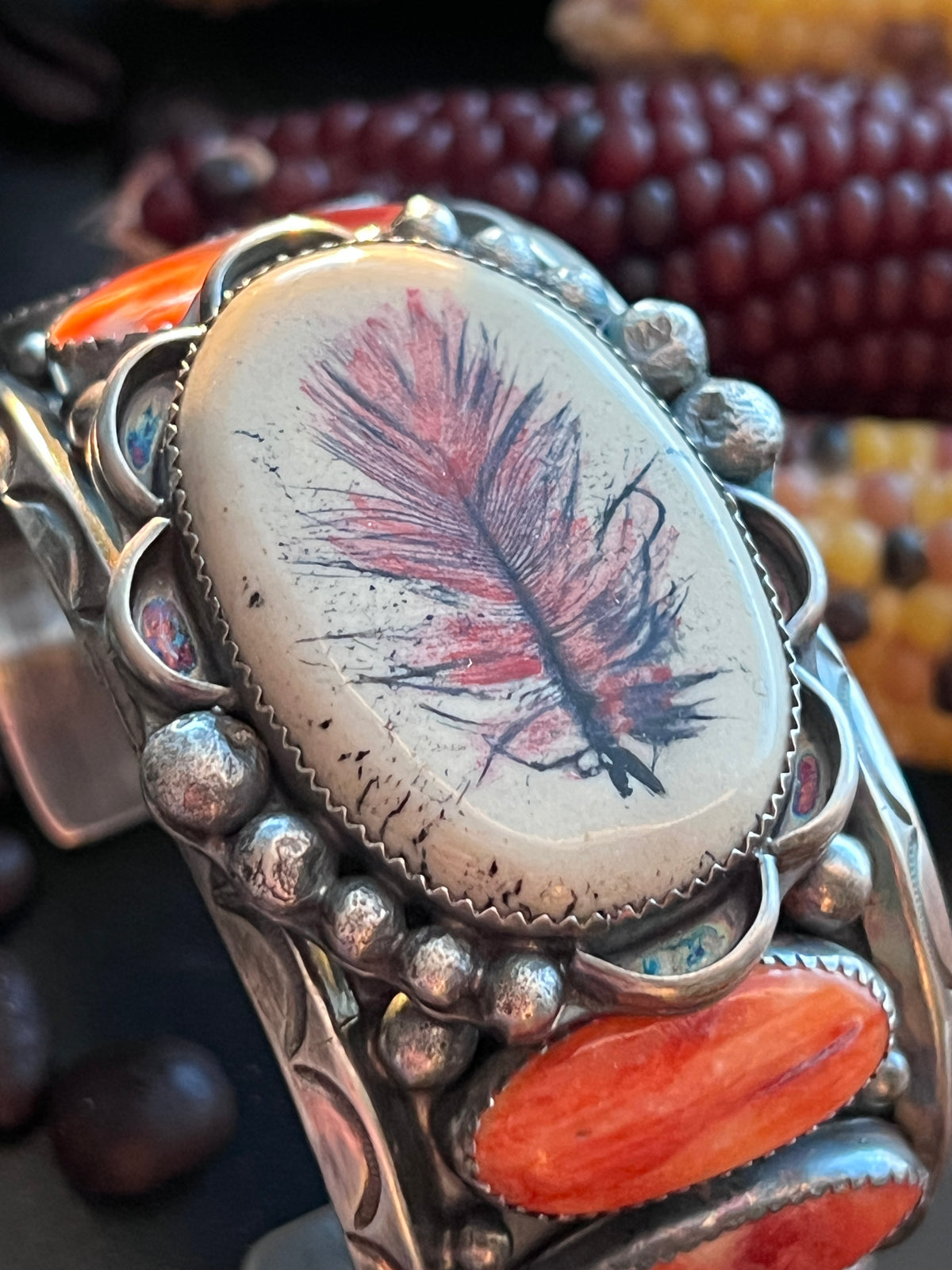 Sterling Silver and Spiny Oyster Shell Repurposed Ben Duboise Watch Cuff Bracelet by Isaac Baca