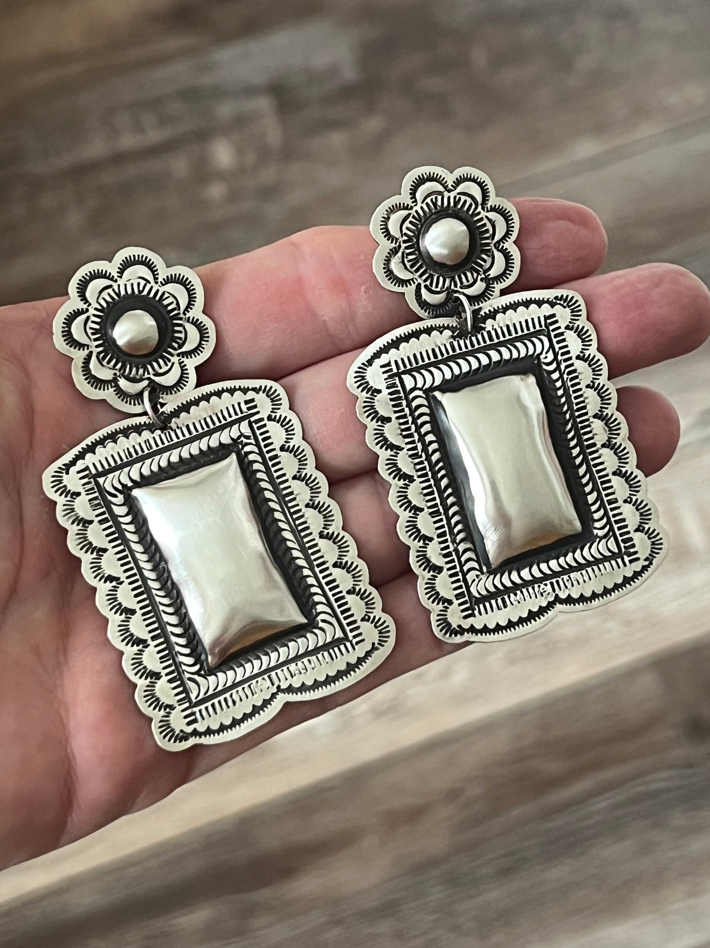 Handmade Navajo Sterling Silver Stamped Repousse Rectangle Earrings by Leander Tahe, R2