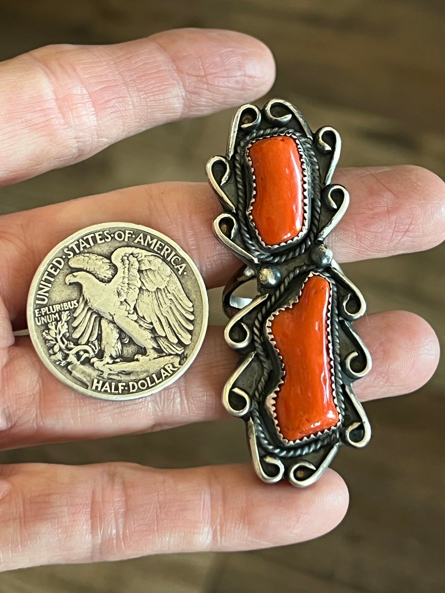 Navajo Stunning Vintage Sterling Silver and Mediterranean Coral Ring, Size 9.5