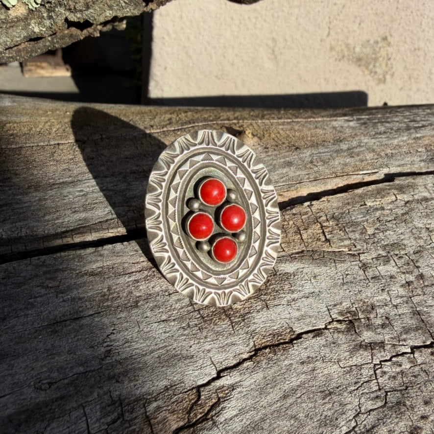 Navajo Sterling Silver Mediterranean Coral Cluster Ring Signed by Calvin Martinez