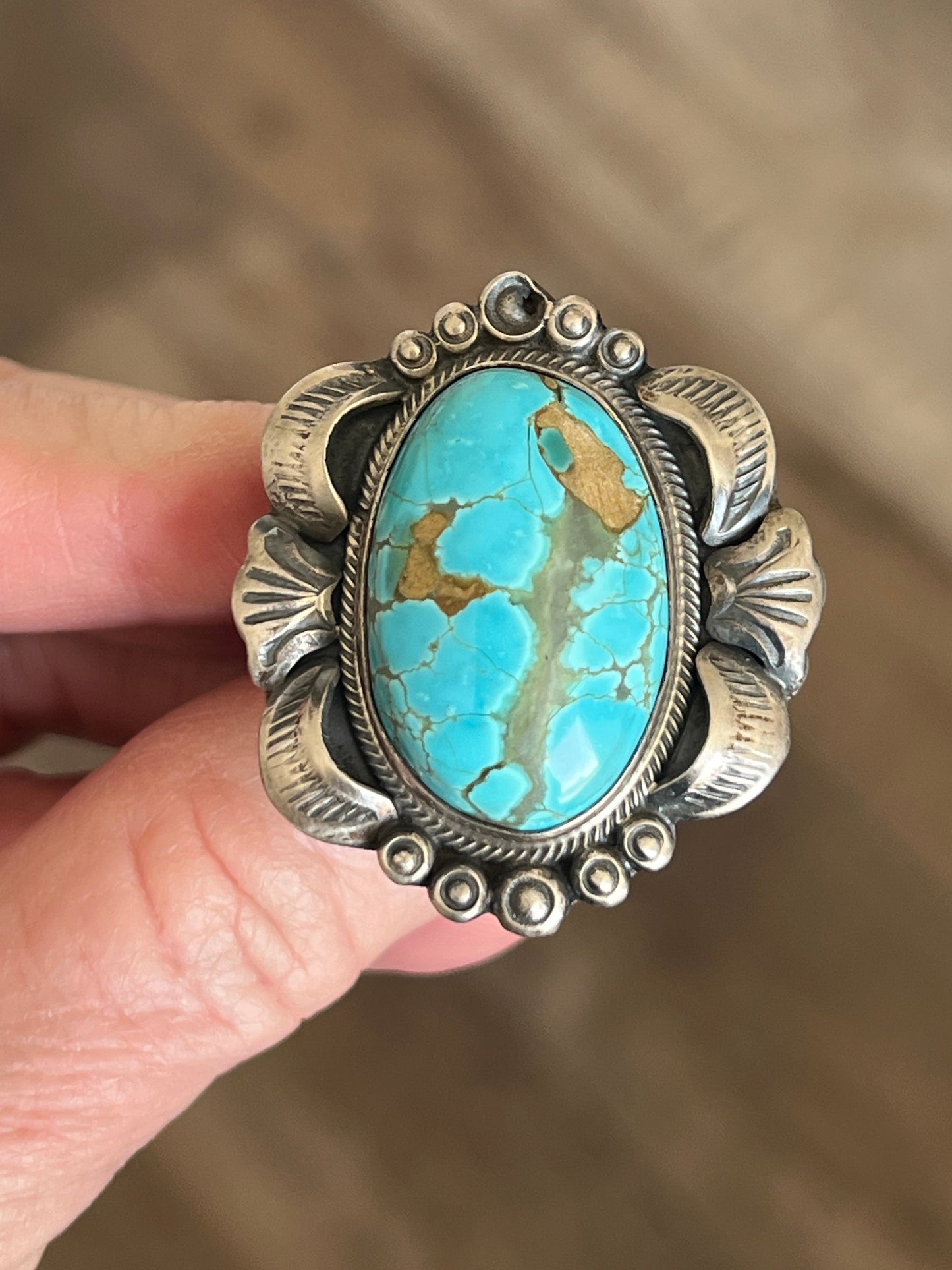 Navajo Sterling Silver and Number 8 Turquoise Single Stone Ring by Gilbert Tom, Size 9