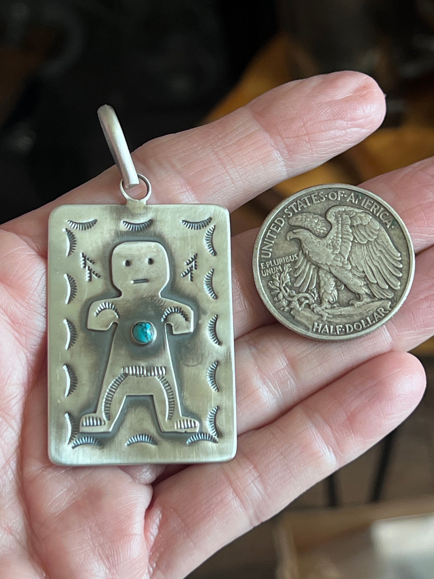 Hand Stamped Sterling Silver Fred Harvey Era Inspired Kachina Tag Pendant by Kimari Somers