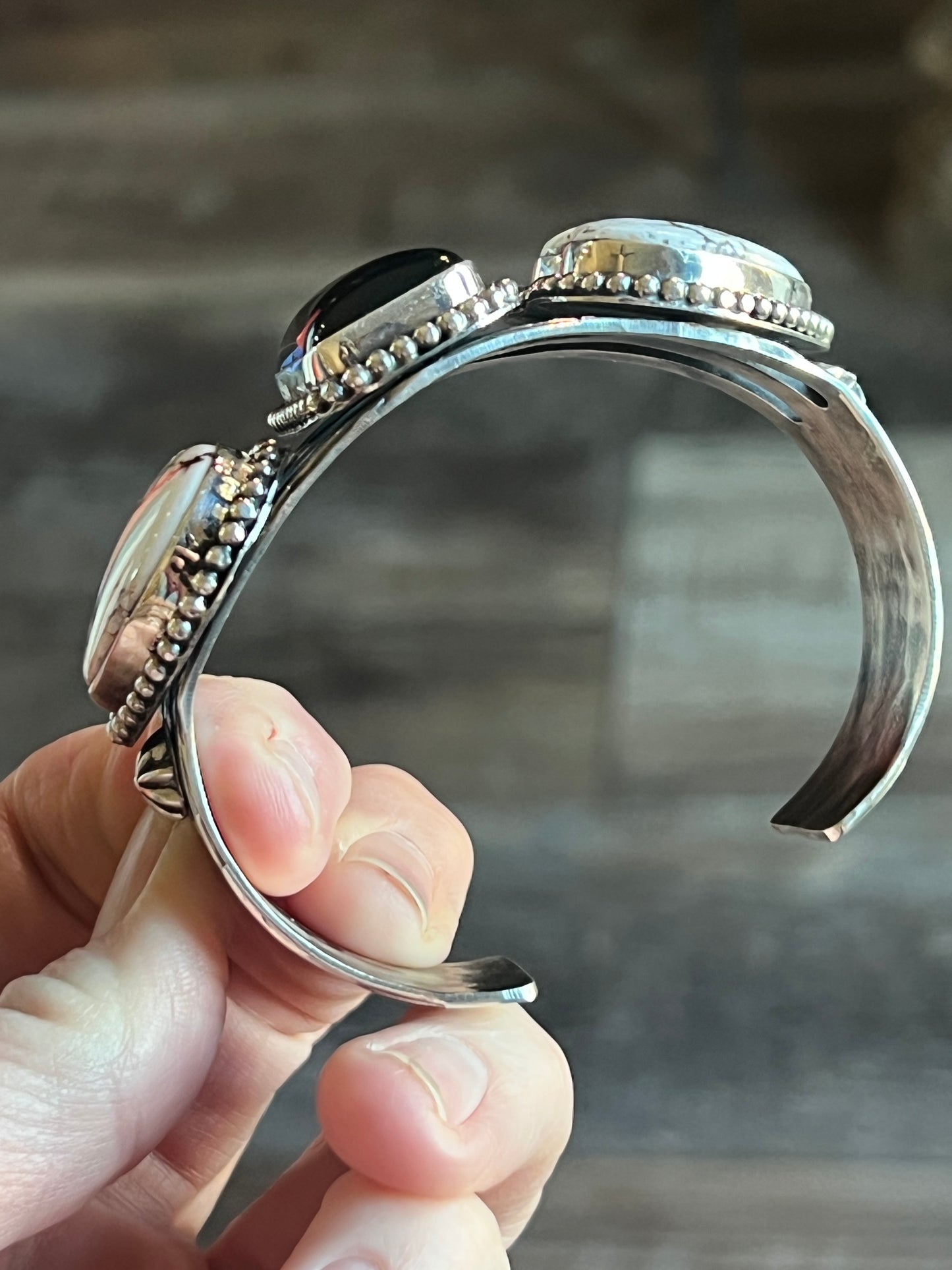 Rosella Paxson Sterling Silver Cuff with Wild Horse Magnesite Hearts and Rectangular Onyx