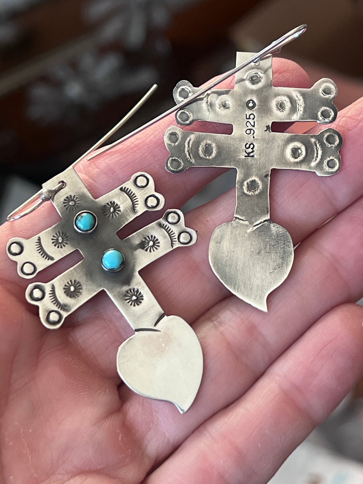Hand Stamped Sterling Silver Dragonfly Cross Heart Dangle Earrings with Kingman Turquoise by Kimari Somers, Shaped Bars