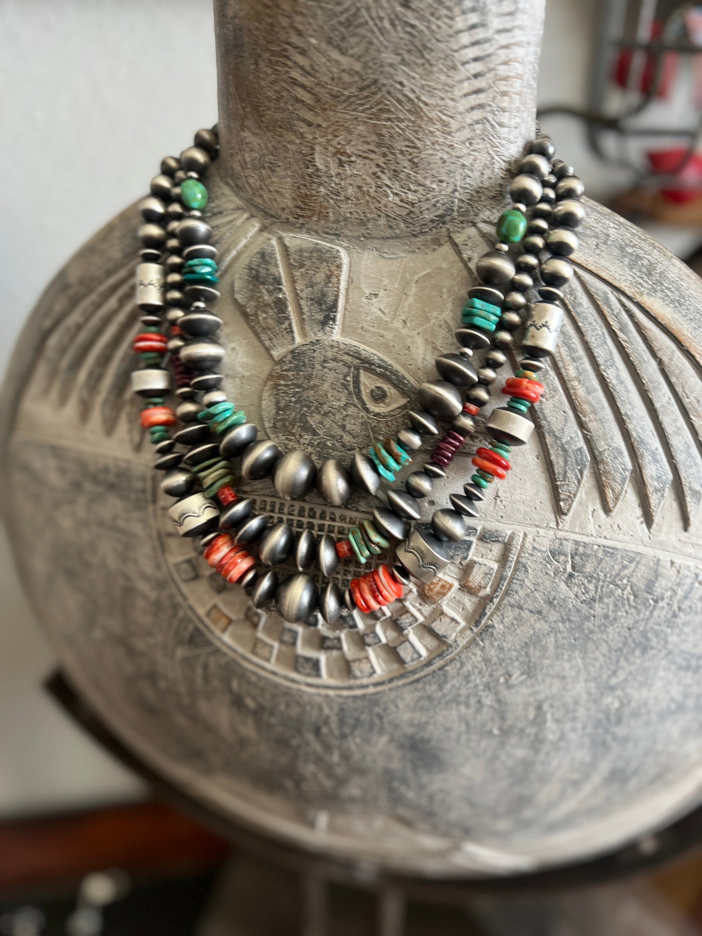 Chunky Sterling Silver, Red Spiny Oyster & Turquoise Single Strand Beaded Necklace by Rose Martin, 20” + 1”