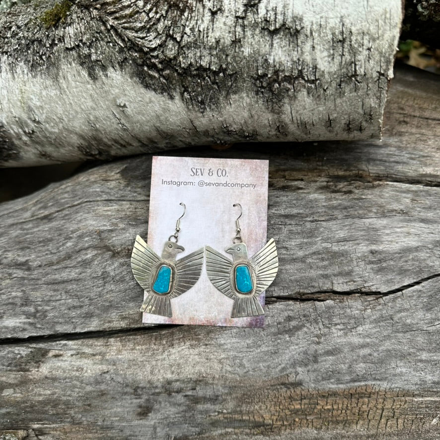 Native Made Sterling Silver and Turquoise Blue Thunderbird Earrings by Vernon Begay