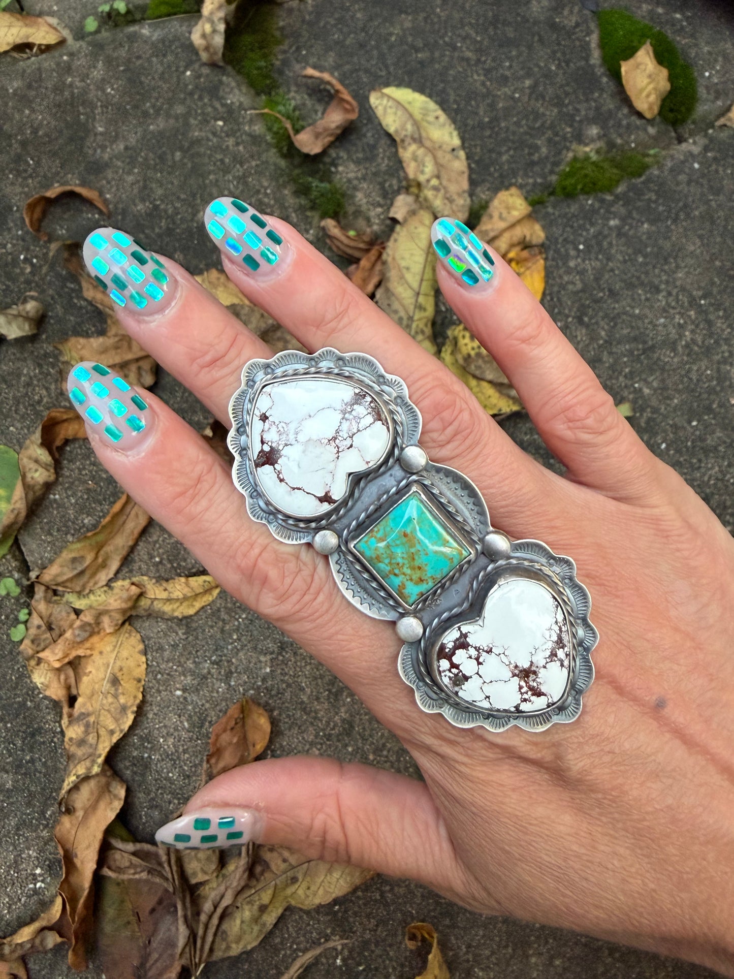 Rosella Paxson Triple Stone Sterling Silver Ring with Wild Horse Magnesite Hearts and Square Turquoise, Sz 9