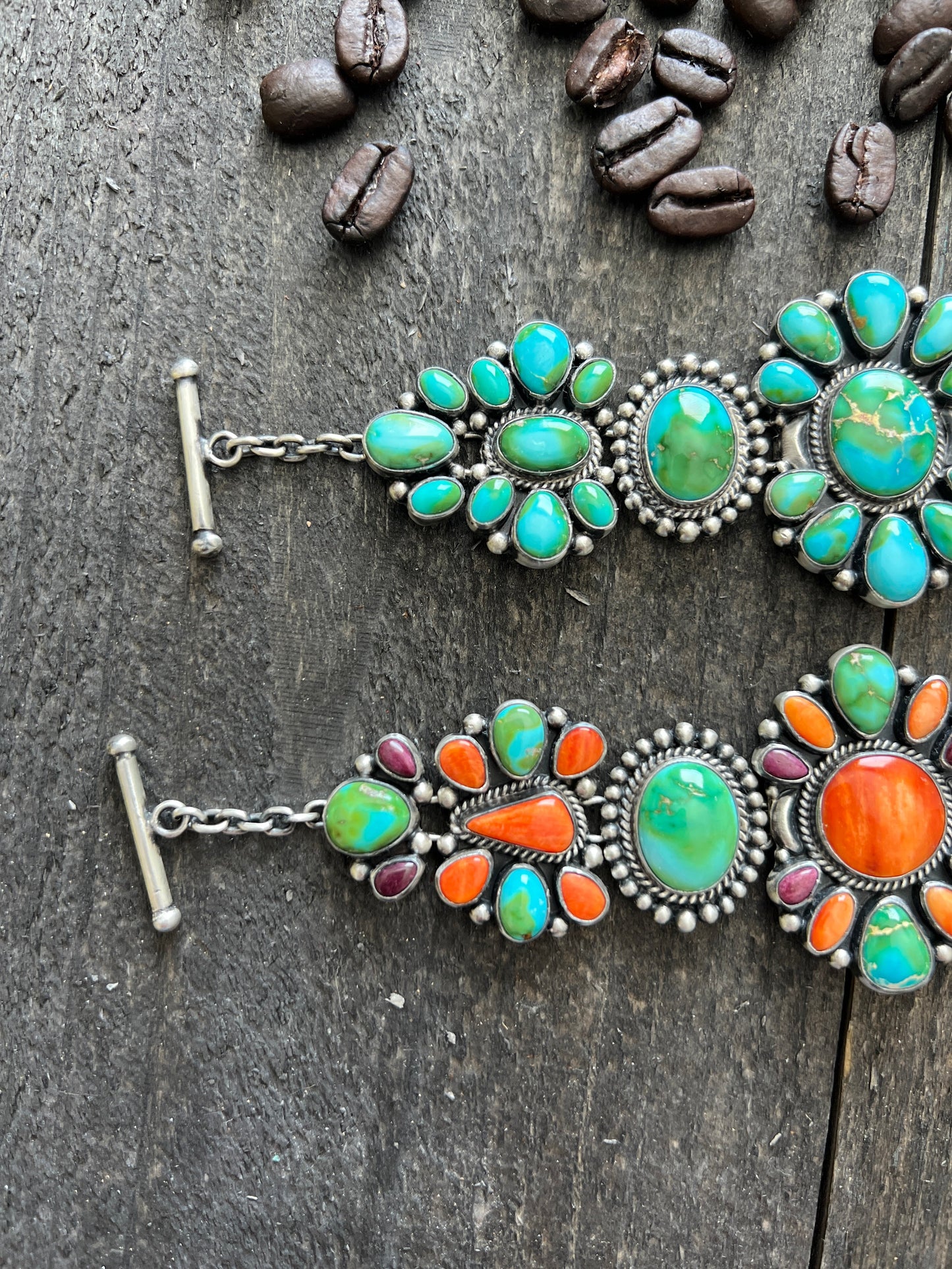 Stunning Navajo Sterling Silver, Sonoran Mountain Turquoise and Spiny Oyster Shell Cluster Link Bracelets by Diane Wylie