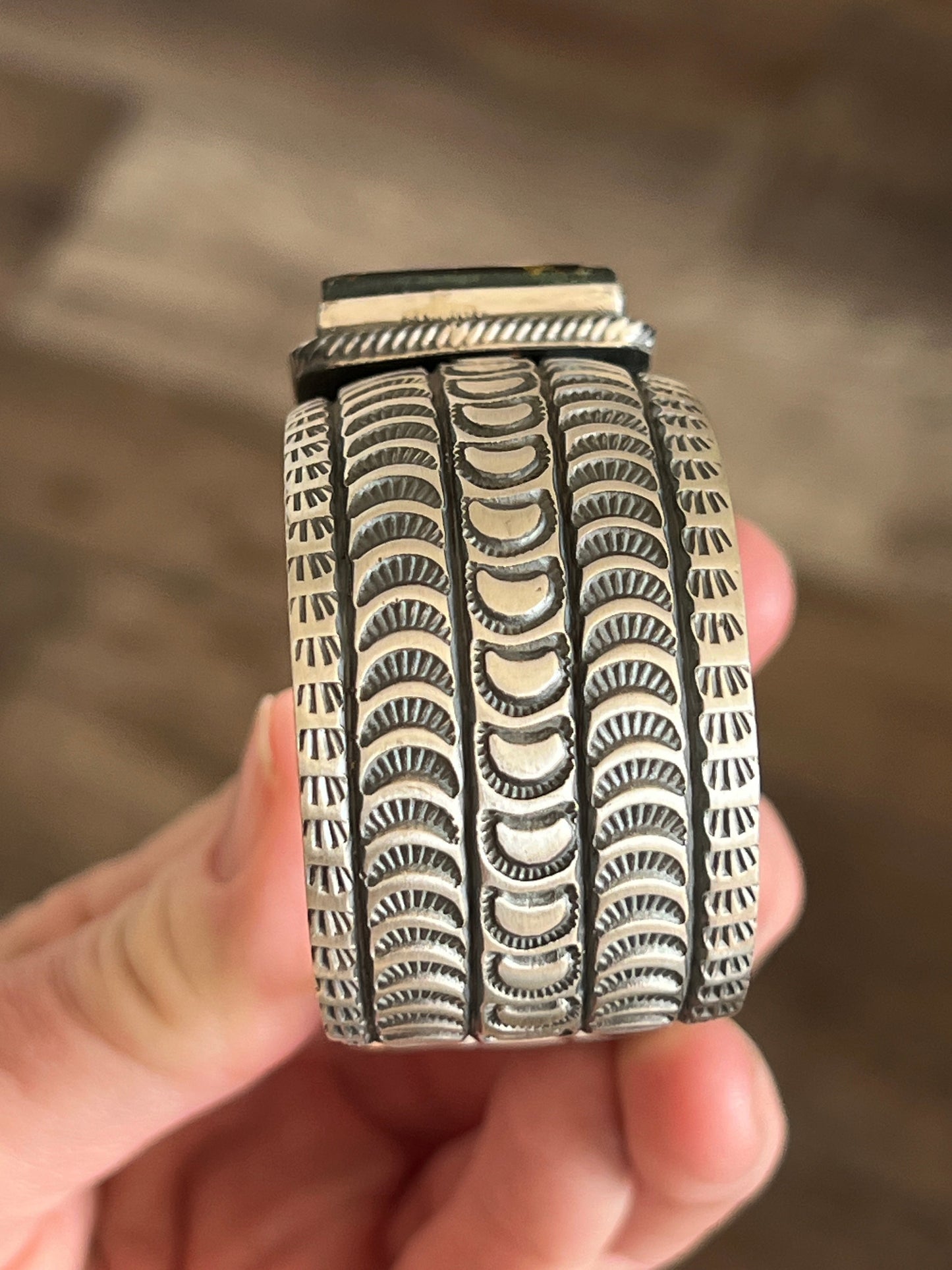 Navajo Sterling Silver and Blackjack Turquoise Hand Stamped Cuff Bracelet by Randy Boyd