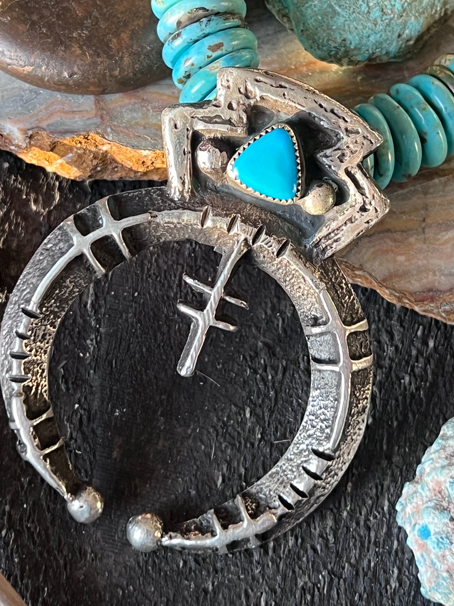Delbert Arviso Tufa Cast Sterling Silver and Turquoise Naja w/ Beaded Necklace