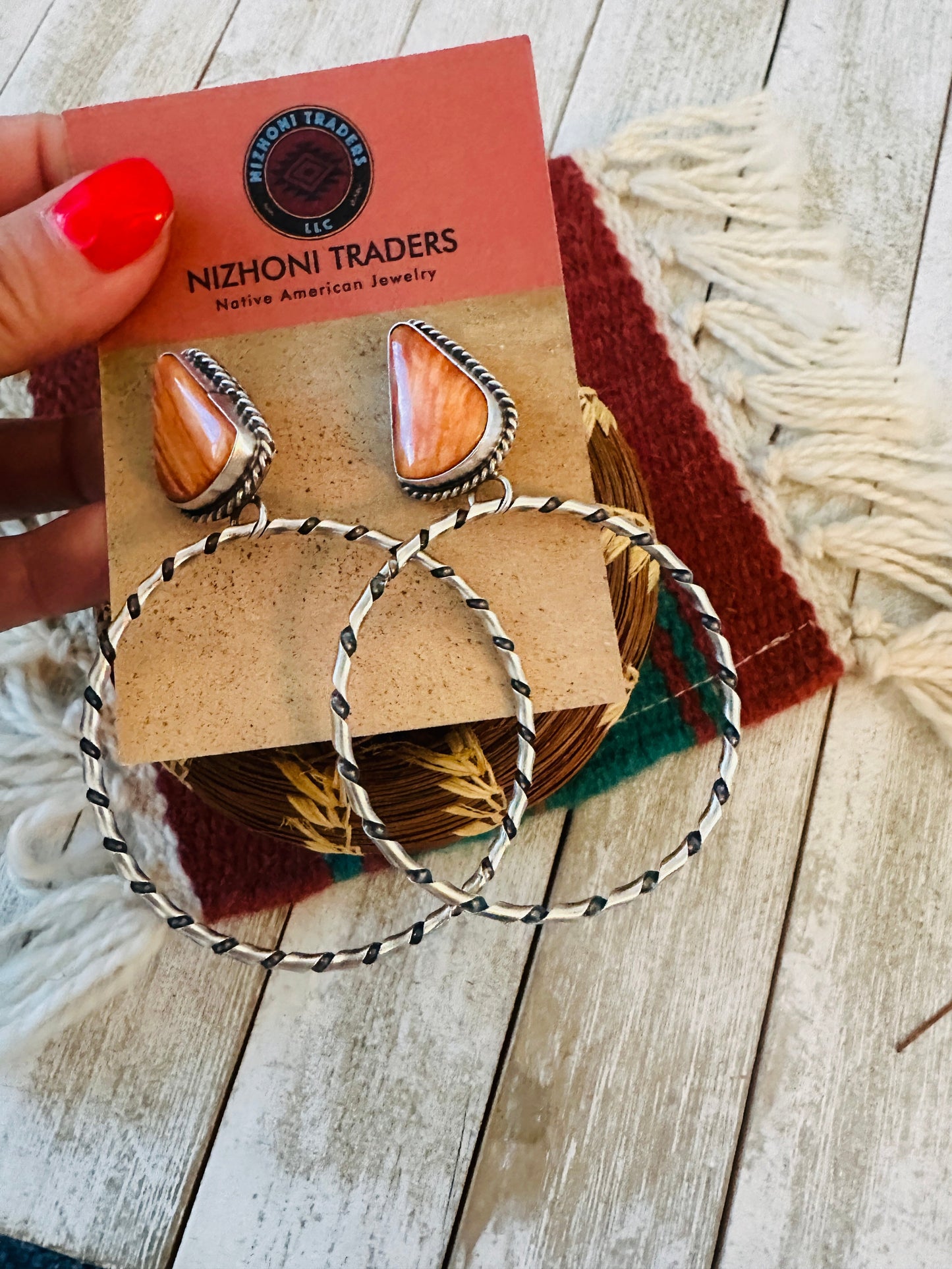 Navajo Orange Spiny and Sterling Silver Dangle Hoop Earrings