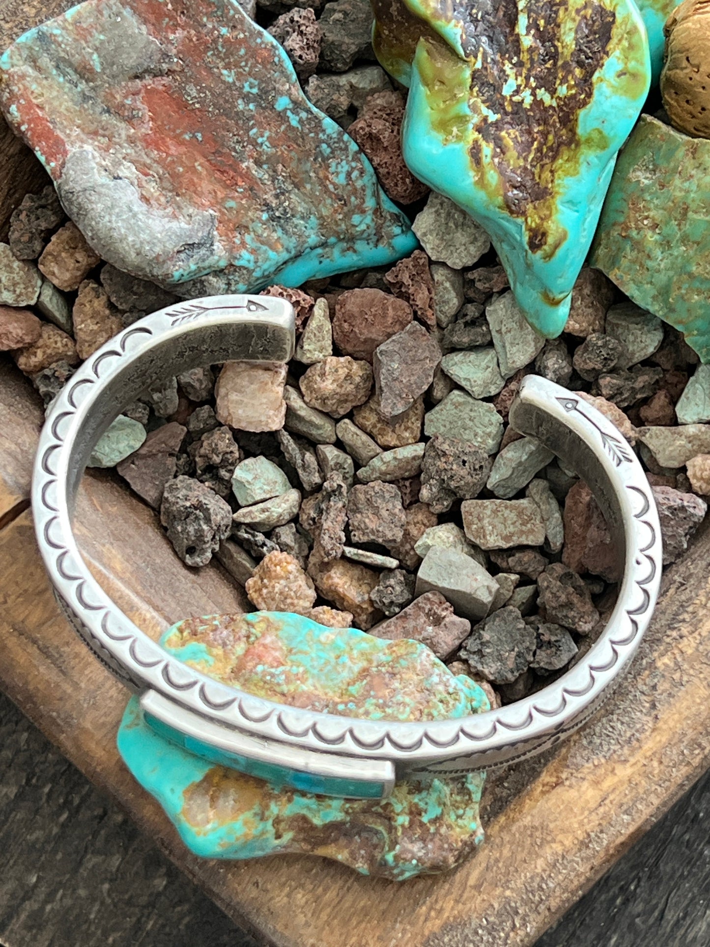 Falcon Trading Company Ingot Coin Silver and Fox Turquoise Inlay Cuff Bracelet by Joe O’Neill