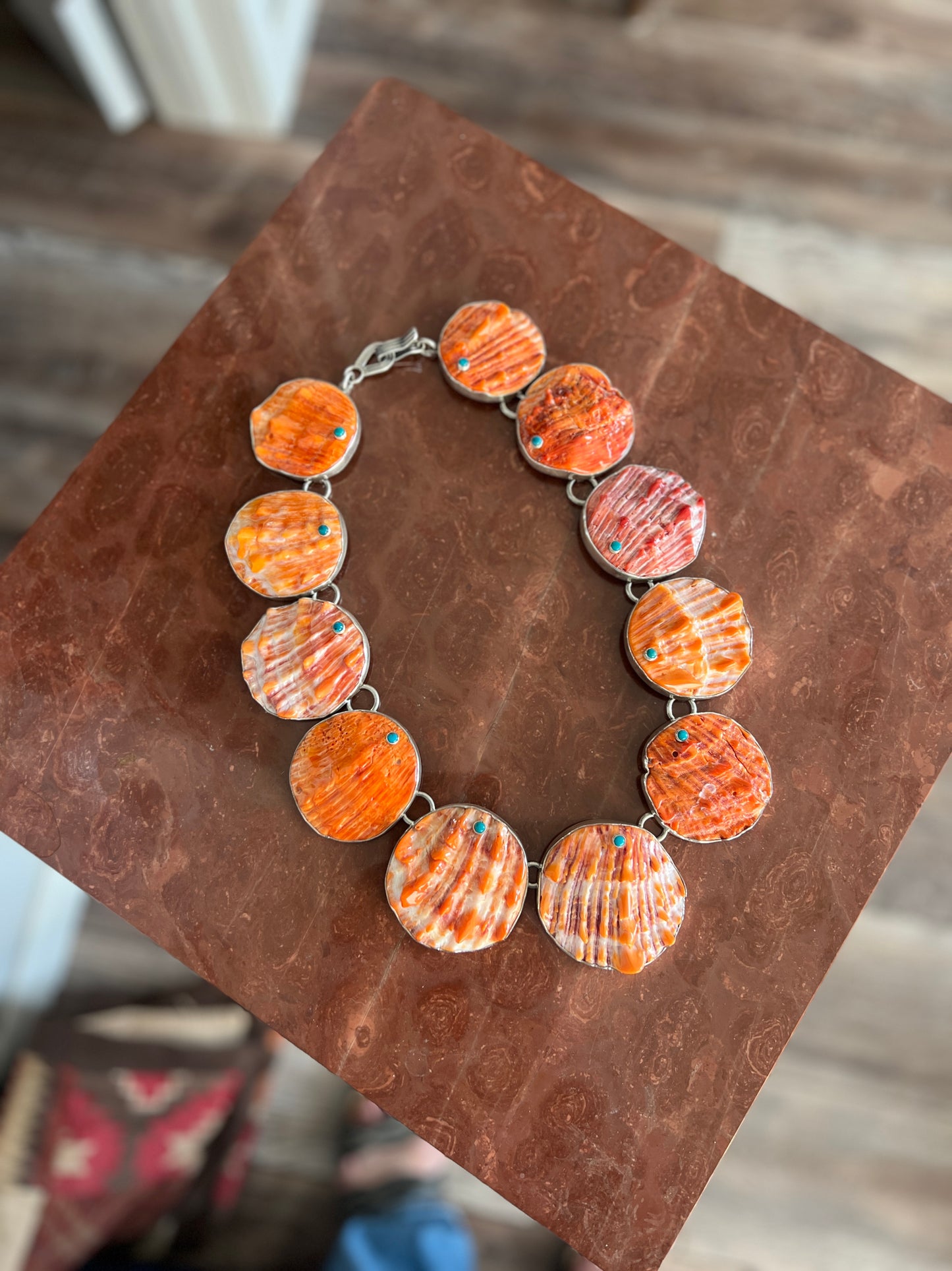 Stunning Sterling Silver, Spiny Oyster Shell and Turquoise Statement Necklace by Federico Jimenez