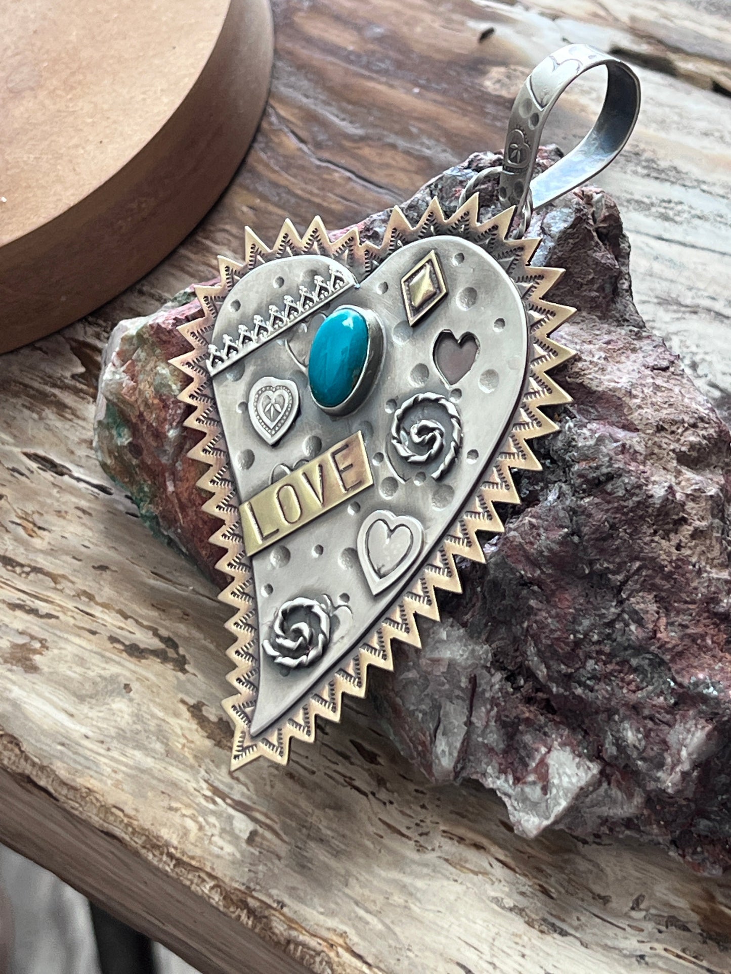 Kimari Somers Hand Stamped Sterling Silver, Brass & Turquoise Queen of Hearts Pendant