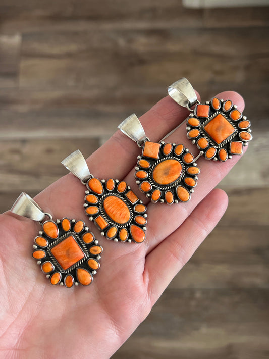 Navajo Sterling Silver and Burnt Spiny Oyster Shell Cluster Pendants by Loretta Delgarito