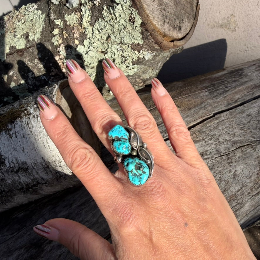 Vintage Navajo Sterling Silver and Double Kingman Turquoise Ring Signed EW