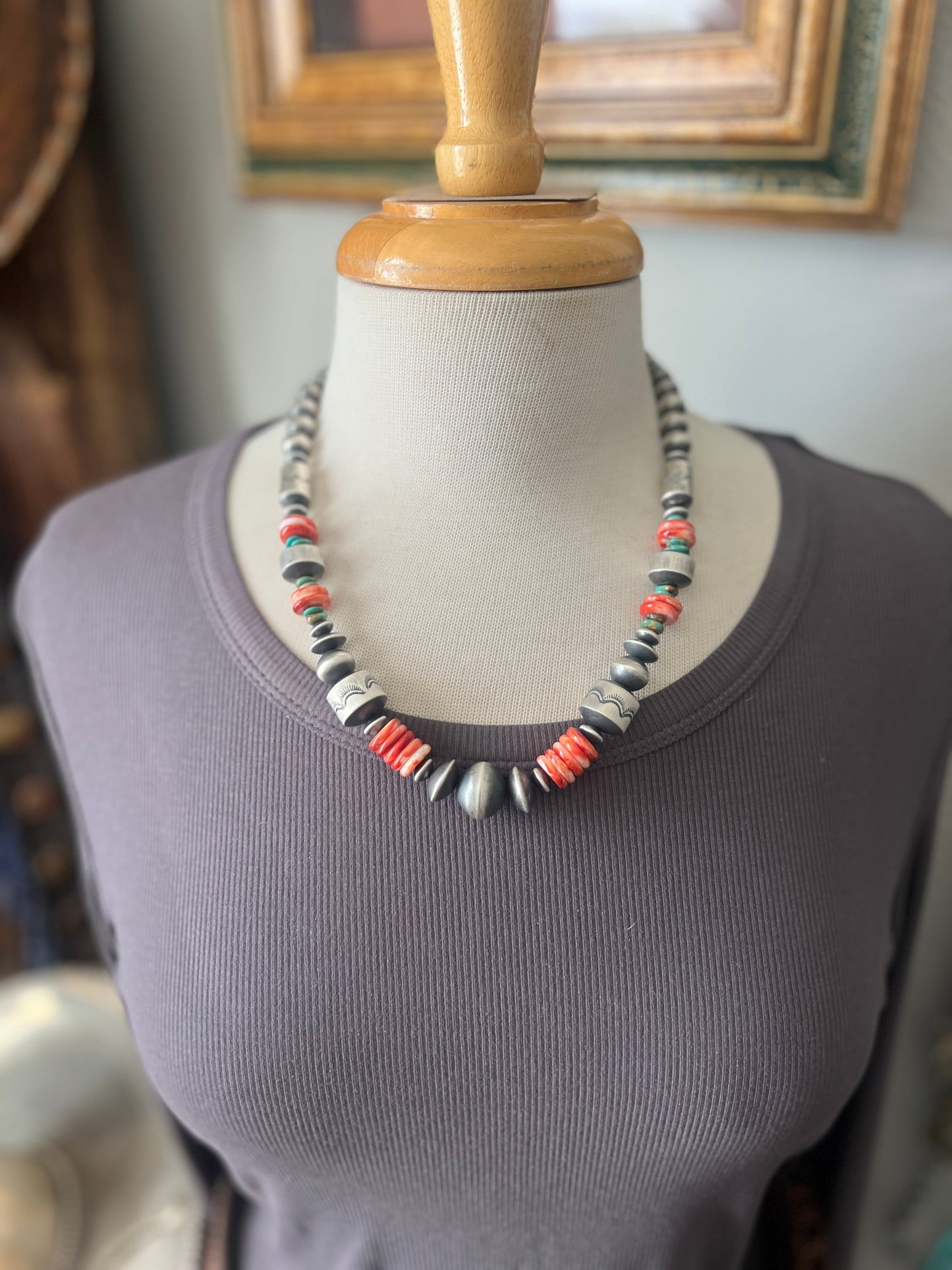 Chunky Sterling Silver, Red Spiny Oyster & Turquoise Single Strand Beaded Necklace by Rose Martin, 20” + 1”