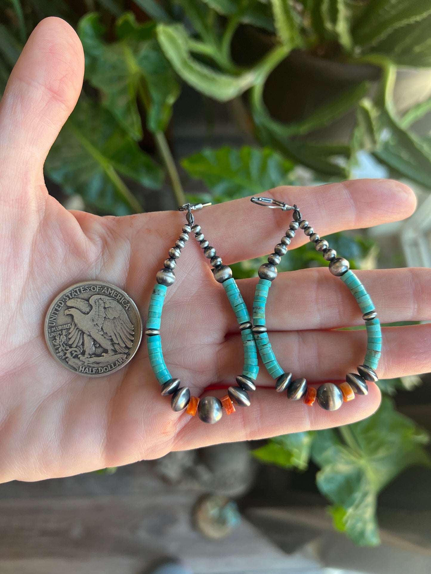 Navajo Made Sterling Silver, Kingman Turquoise and Orange Spiny Oyster Beaded Teardrop Hoop Earrings, Leverback