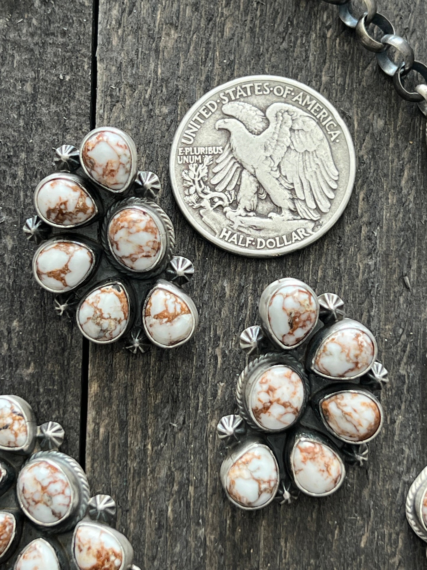 Navajo Sterling Silver and Wild Horse Cluster Necklace with Earrings, Signed D