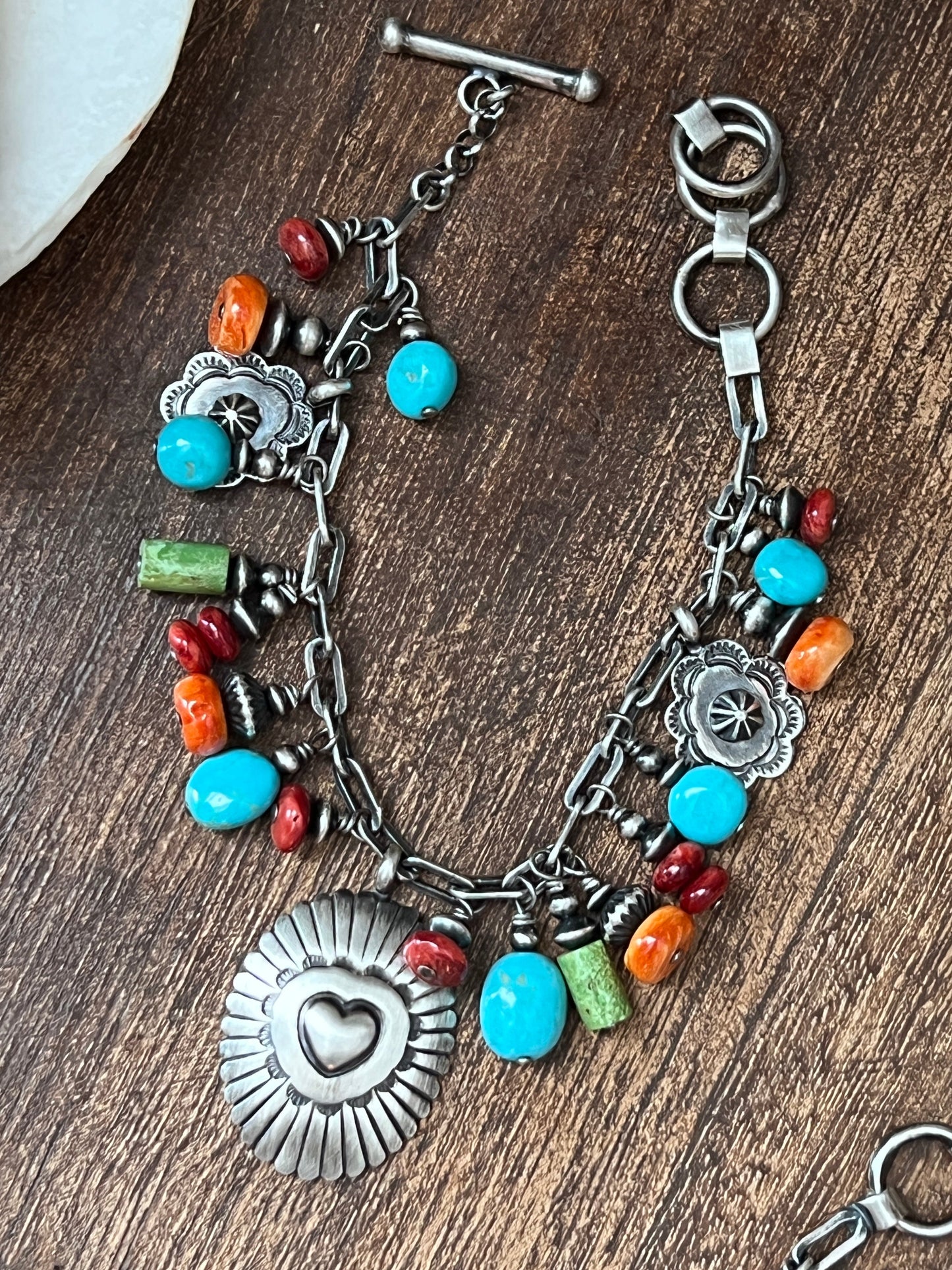 Raymond Coriz Handcrafted Electric Rainbow Sterling Silver Concho & Multistone Beaded Charm Bracelets