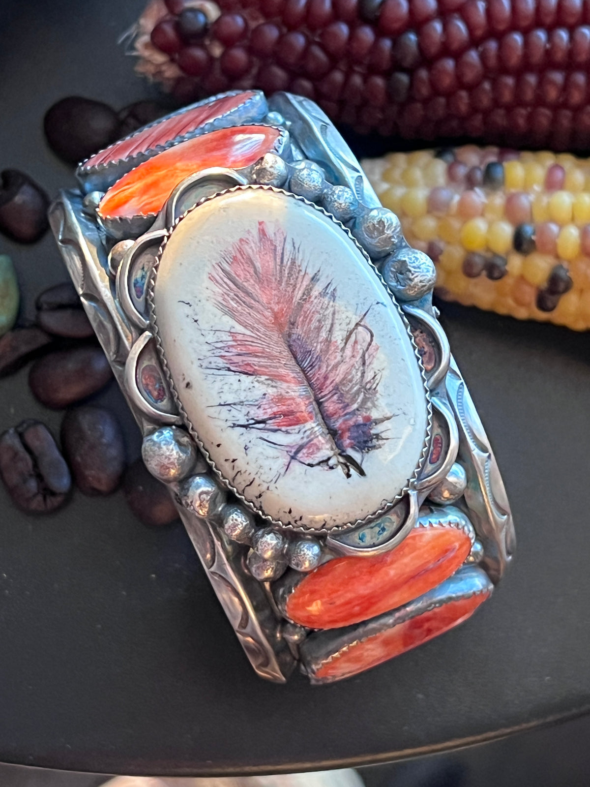 Sterling Silver and Spiny Oyster Shell Repurposed Ben Duboise Watch Cuff Bracelet by Isaac Baca