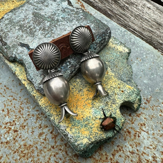 Artisan Made Sterling Silver Oval Squash Blossom Earrings by Dennis Hogan